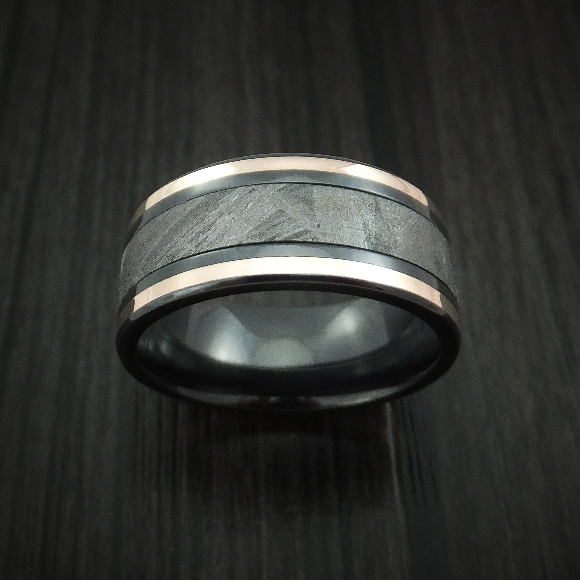 Black Titanium and Gibeon Meteorite Men's Ring with 14K Rose Gold Inlays Custom Made Band - Image 2