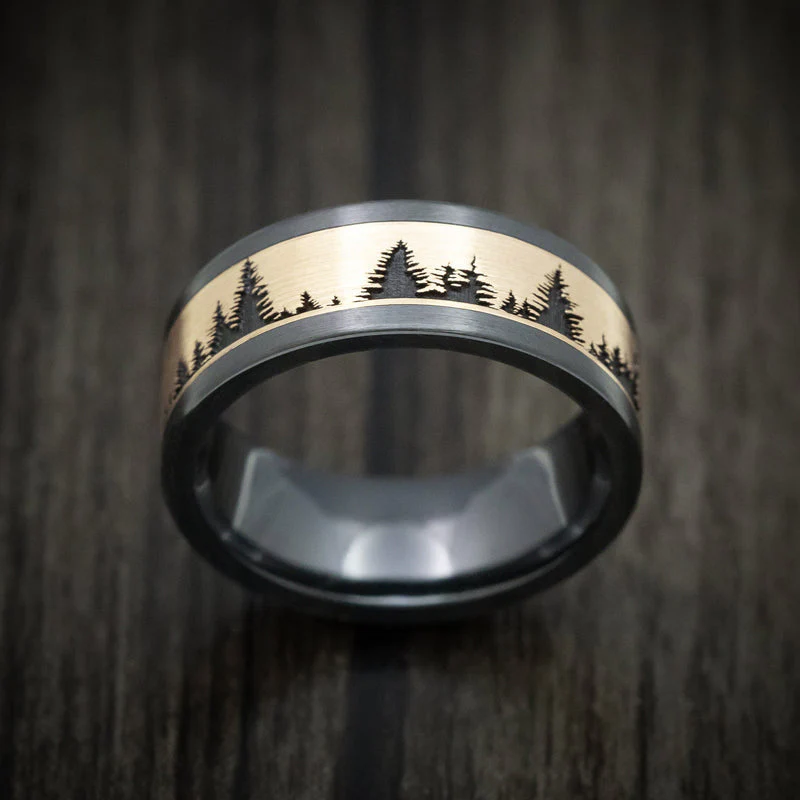Black Titanium or Black Zirconium Custom Men's Ring with Spruce Pine Tree Design on a Gold Inlay - Image 2