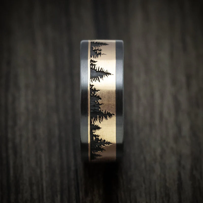 Black Titanium or Black Zirconium Custom Men's Ring with Spruce Pine Tree Design on a Gold Inlay - Image 4