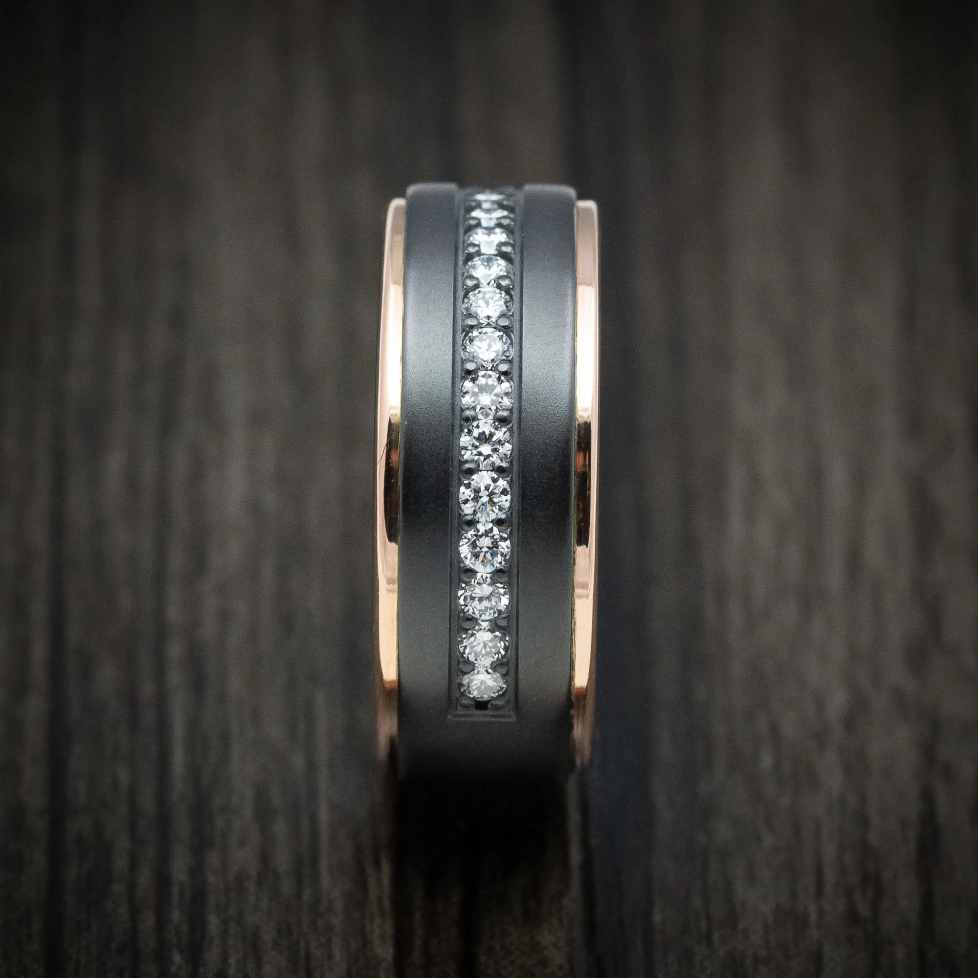 Black Titanium and Half Eternity Diamond Men's Ring with Gold Inlays Custom Made Band - Image 3