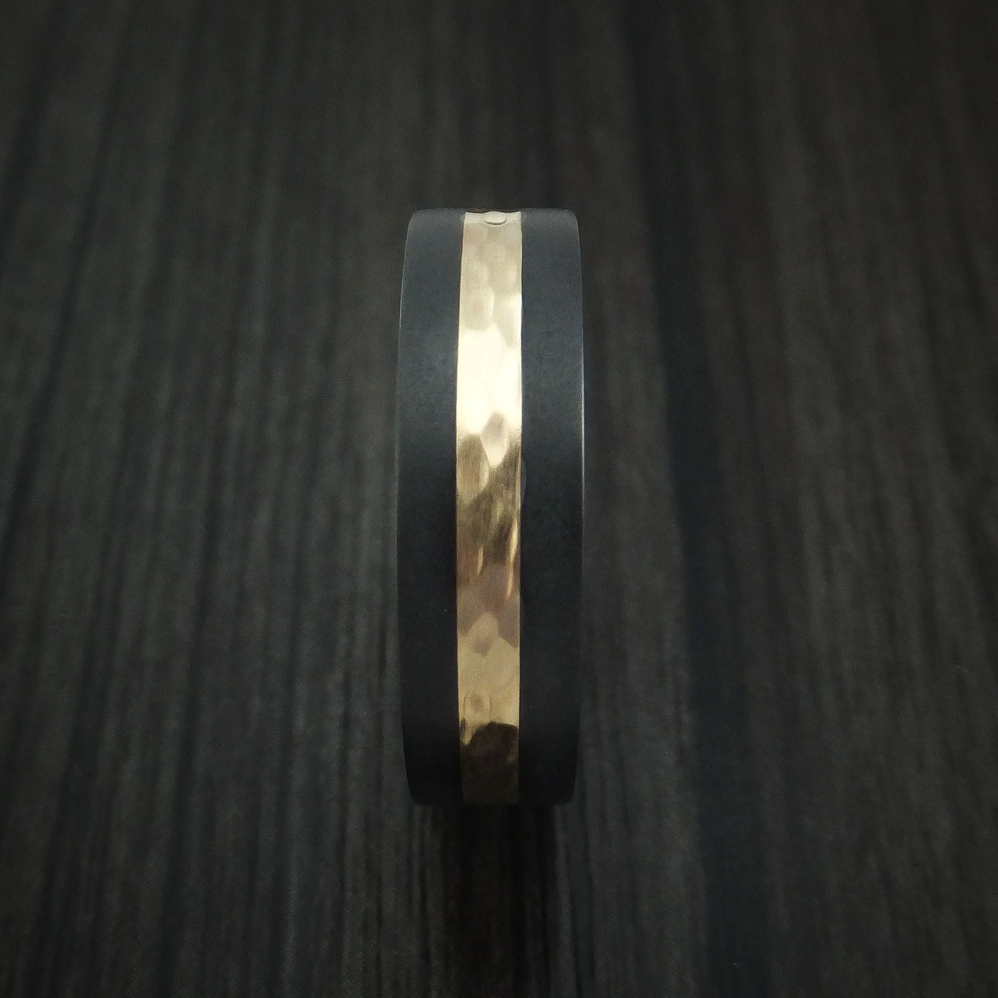 Black Titanium or Black Zirconium Custom Men's Ring with a Hammered 14k Yellow Gold Inlay - Image 3