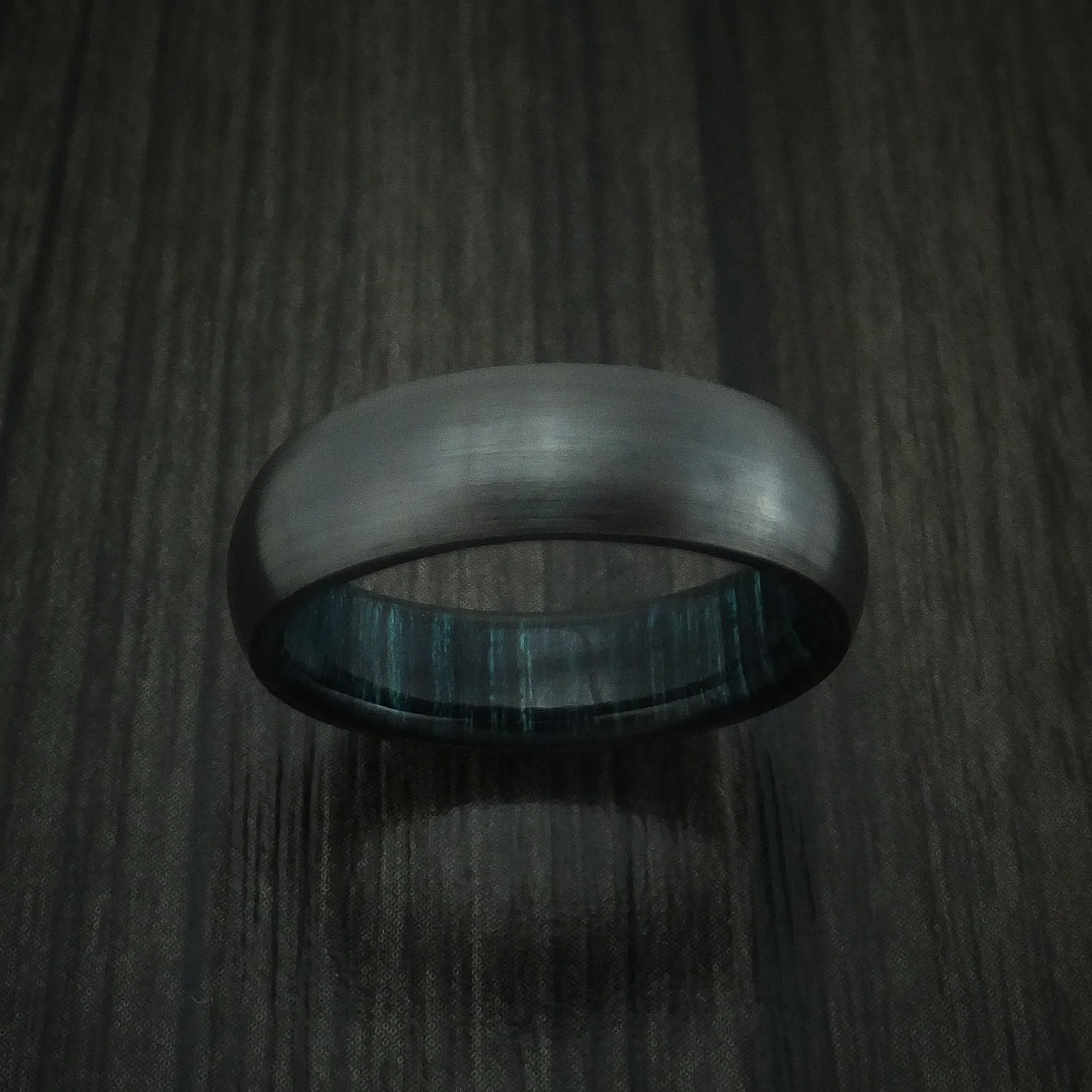 Black Titanium or Black Zirconium Custom Men's Ring with Indigo Wood Hard Wood Sleeve - Image 2