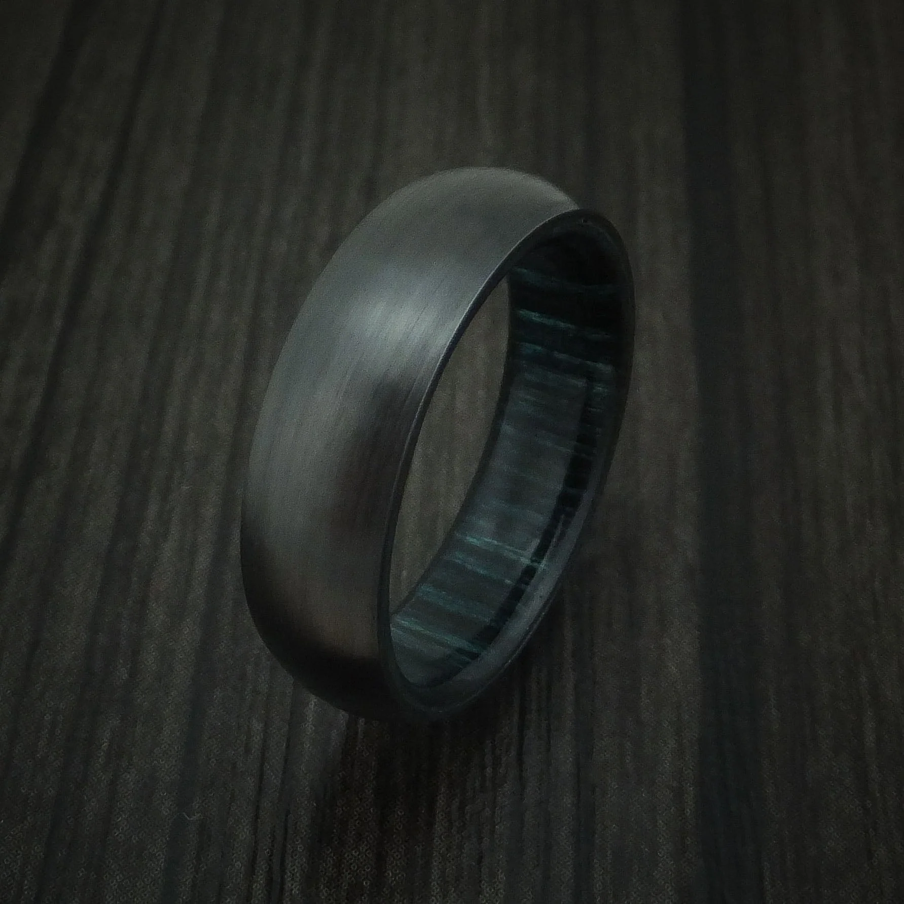 Black Titanium or Black Zirconium Custom Men's Ring with Indigo Wood Hard Wood Sleeve - Image 4