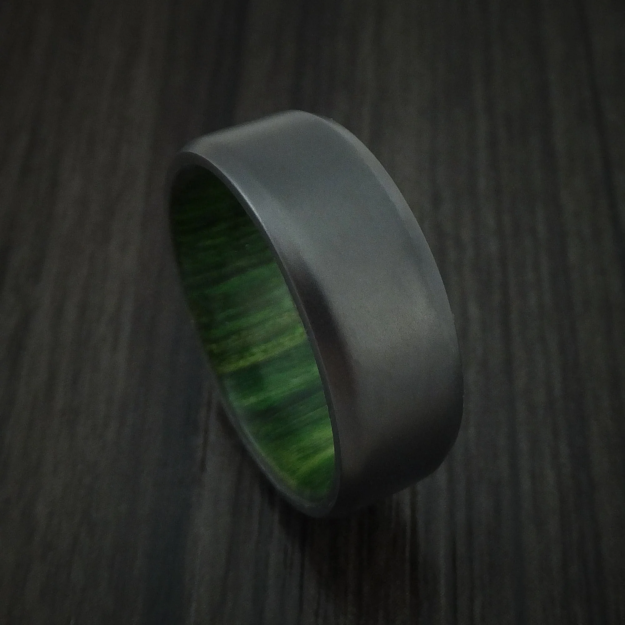 Black Titanium or Black Zirconium Custom Men's Ring with Jade Wood Hardwood Sleeve