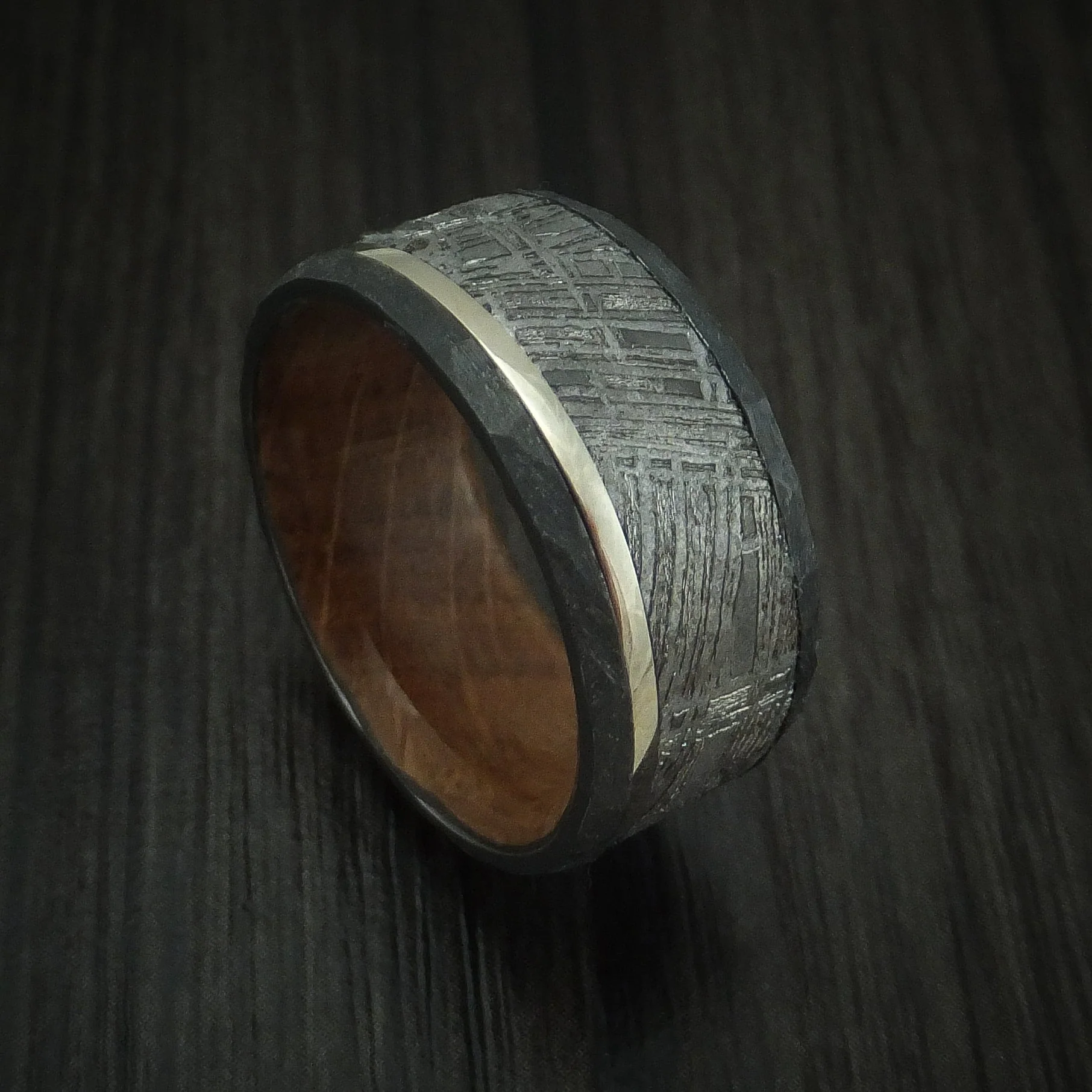 Black Titanium or Black Zirconium Custom Men's Ring with Meteorite and Platinum Inlays and a Wood Sleeve