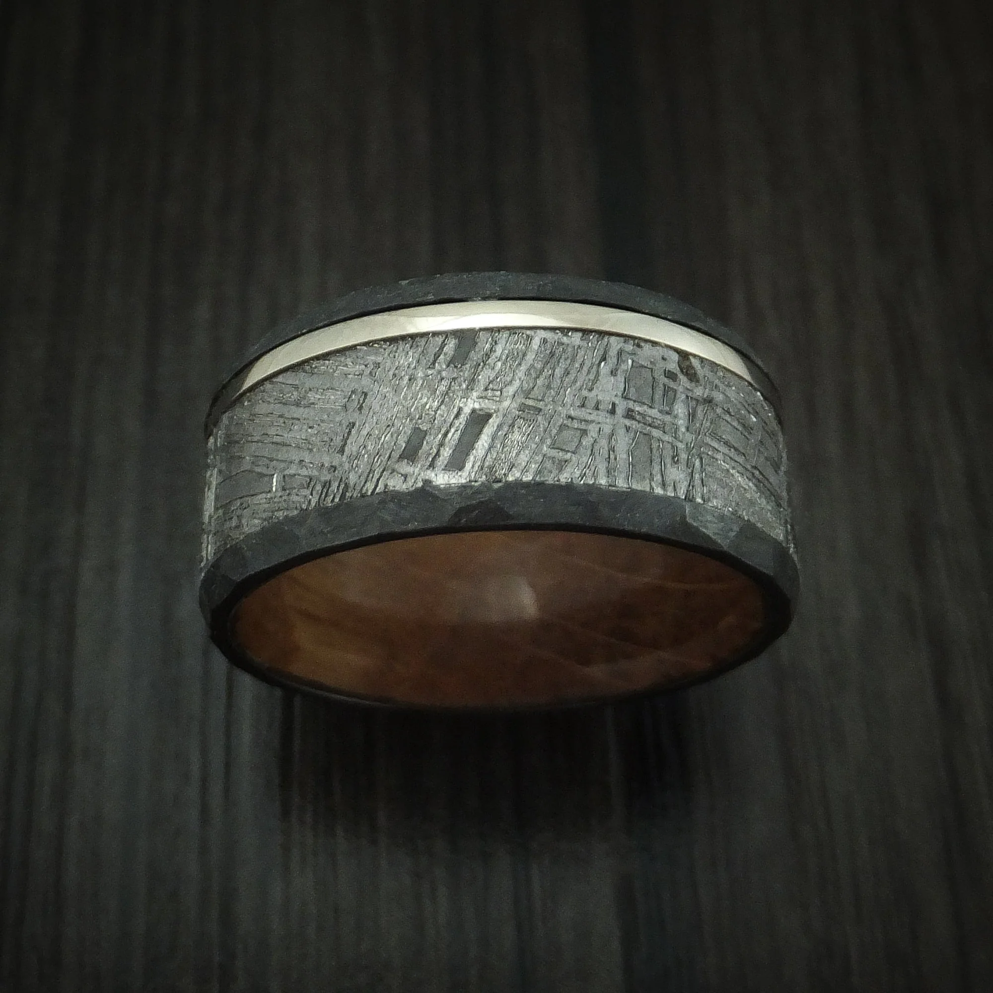 Black Titanium or Black Zirconium Custom Men's Ring with Meteorite and Platinum Inlays and a Wood Sleeve - Image 2