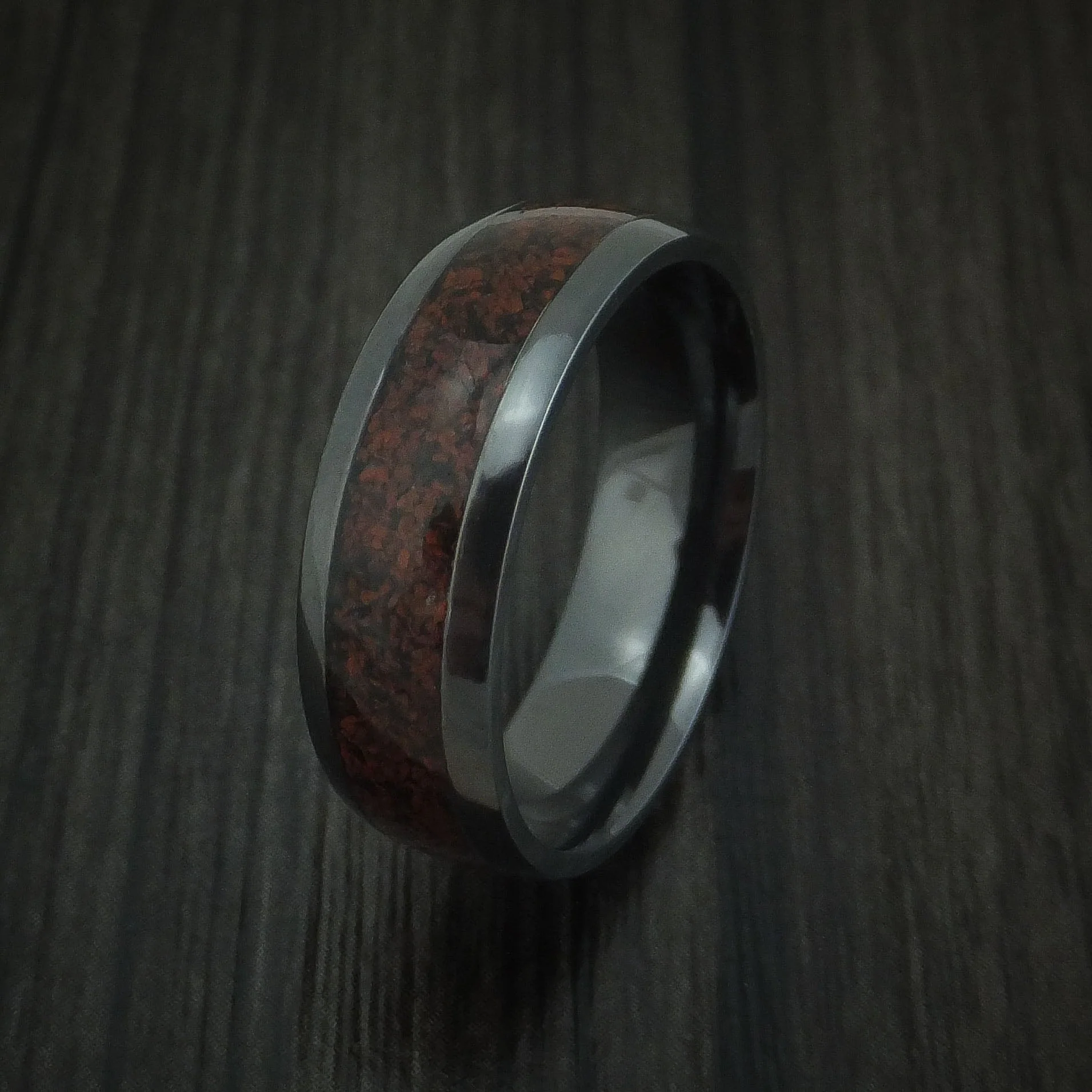 Black Titanium and Red Dinosaur Bone Men's Ring Custom Made Fossil Band - Image 4