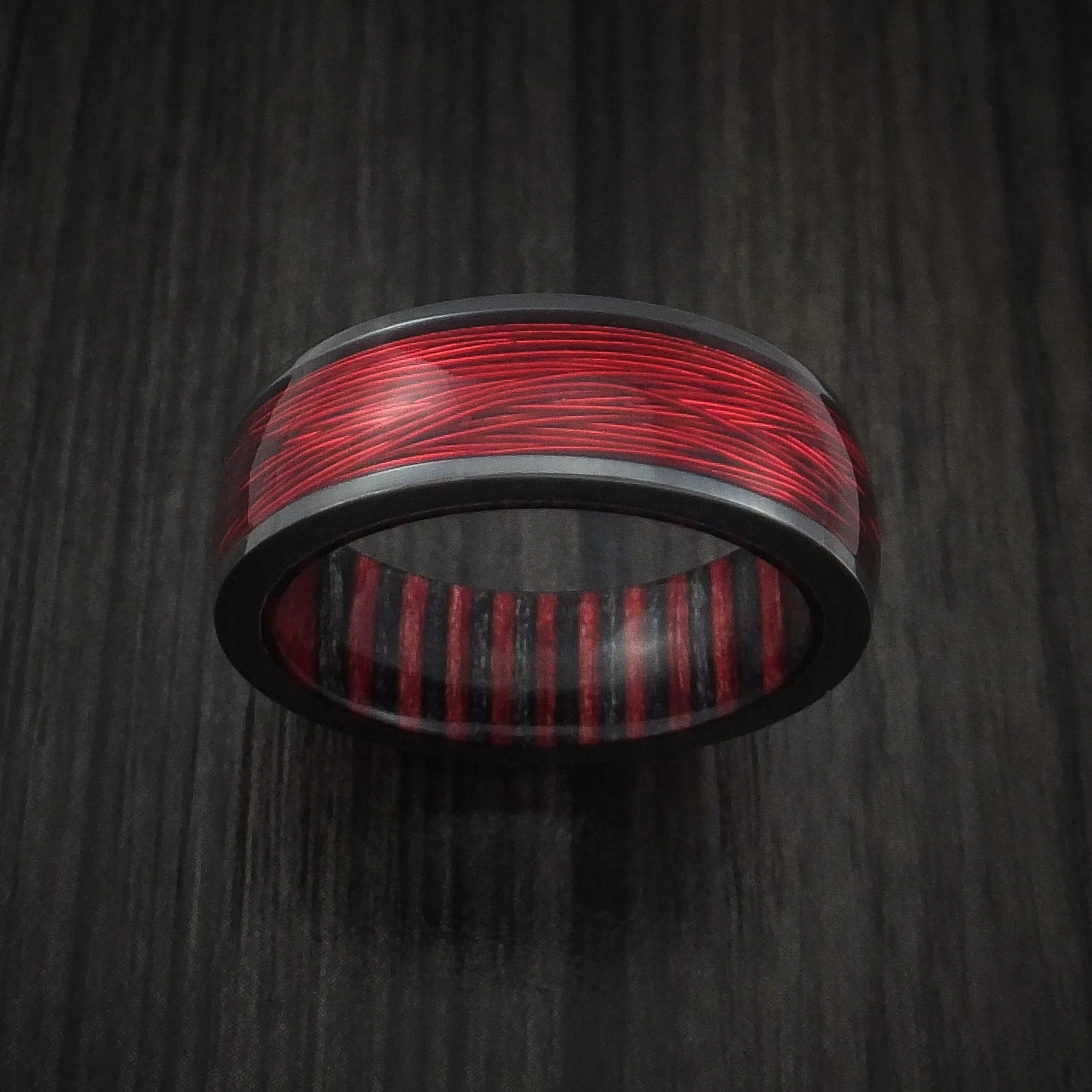 Black Titanium and Wire Men's Ring with Applejack Wood Sleeve Custom Made - Image 2