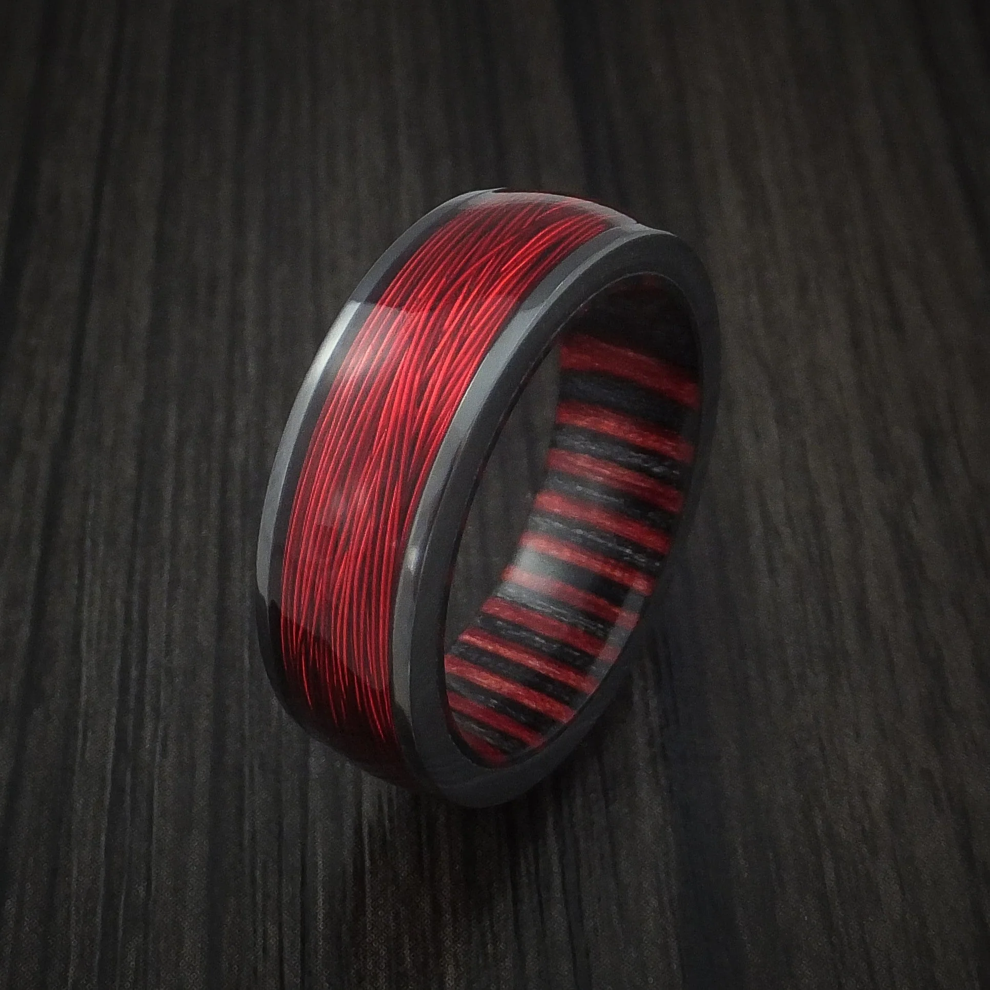 Black Titanium and Wire Men's Ring with Applejack Wood Sleeve Custom Made - Image 4