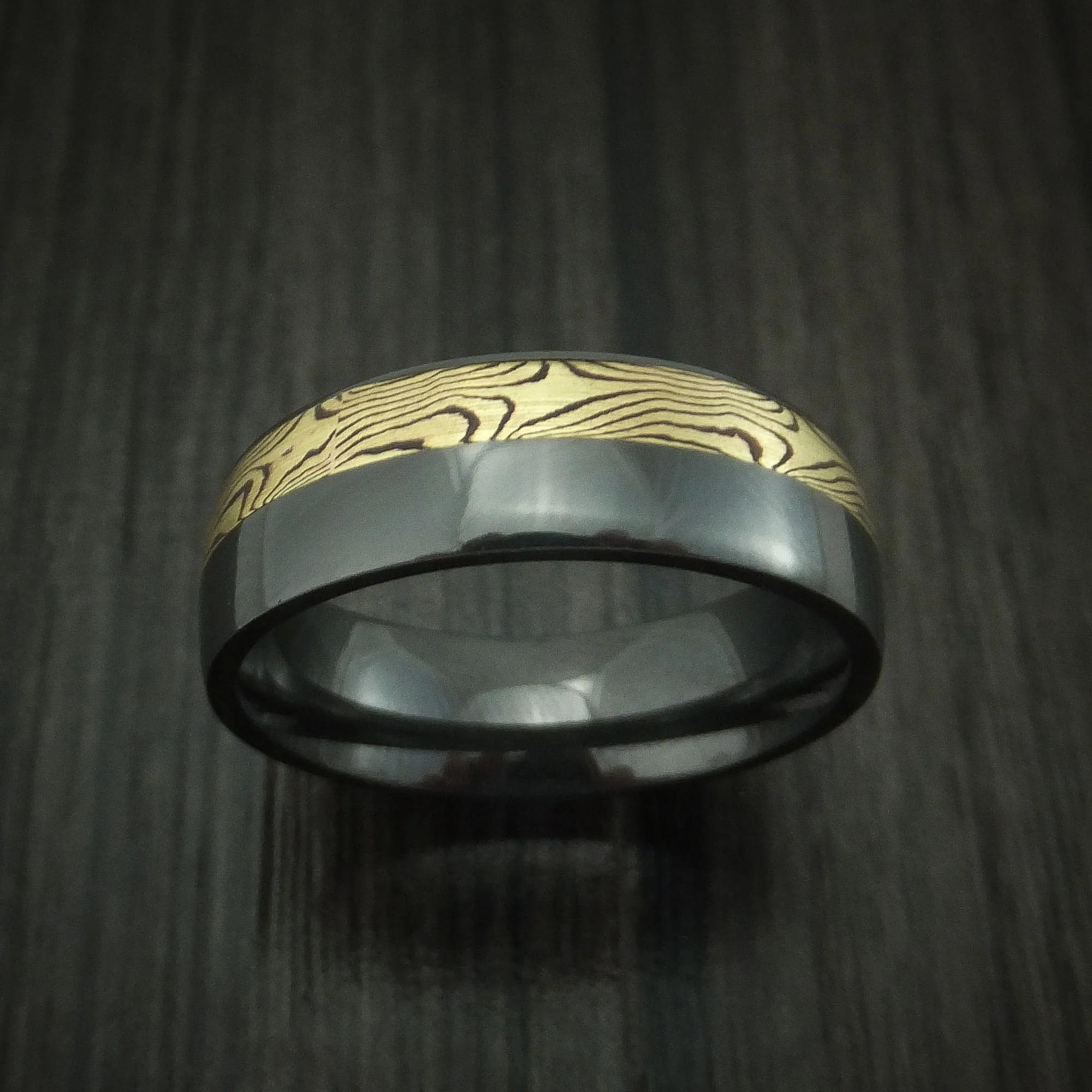 Black Titanium And Yellow Gold Mokume Shakudo Men's Ring Custom Made Band - Image 2