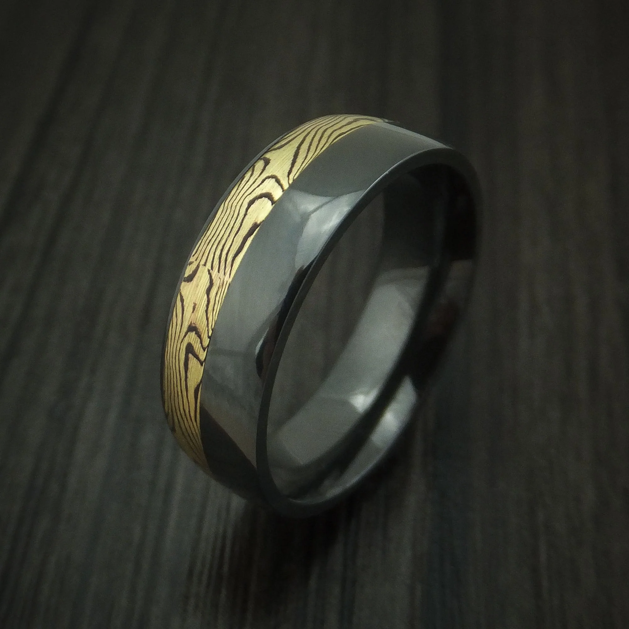 Black Titanium And Yellow Gold Mokume Shakudo Men's Ring Custom Made Band - Image 4
