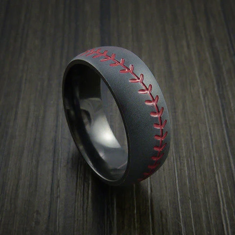 Black Titanium or Black Zirconium Custom Men's Ring with Baseball Stitching Pattern - Image 2