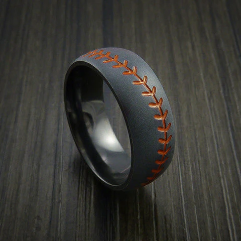 Black Titanium or Black Zirconium Custom Men's Ring with Baseball Stitching Pattern - Image 3