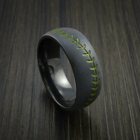 Black Titanium or Black Zirconium Custom Men's Ring with Baseball Stitching Pattern - Image 5