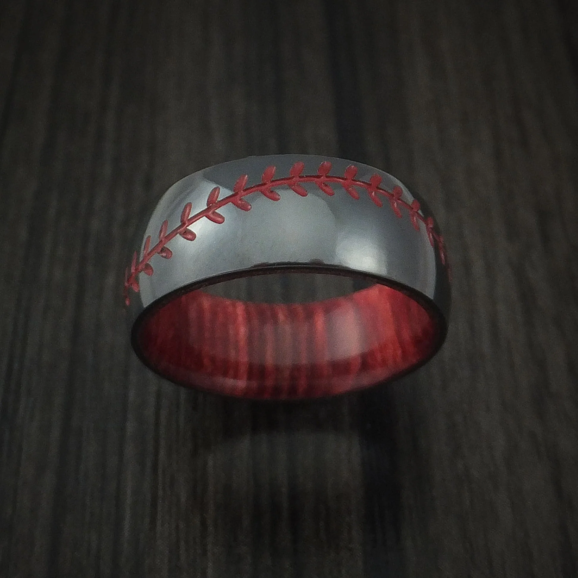 Black Titanium Baseball Stitch Men's Ring with Custom Color and Hardwood Sleeve - Image 2