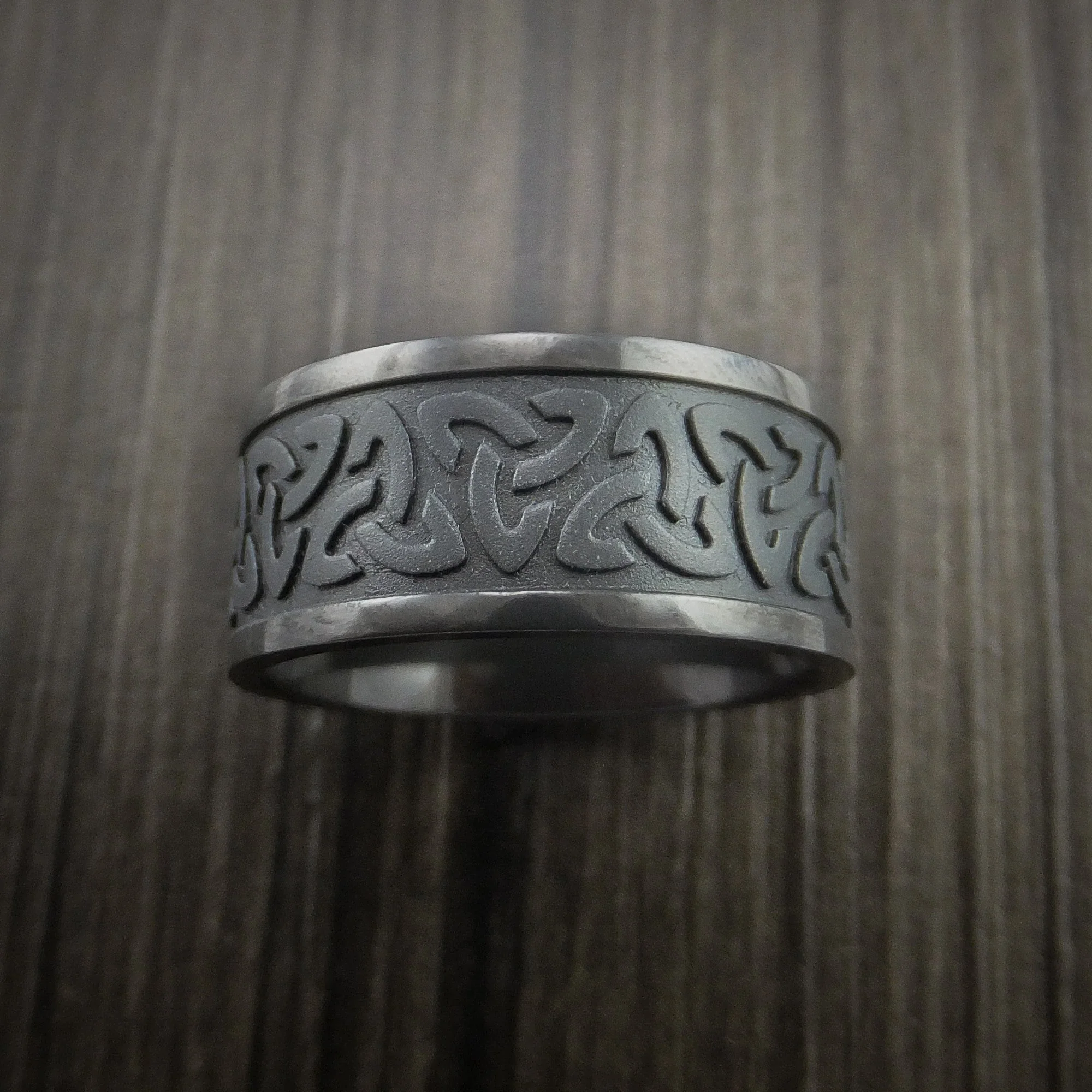 Black Titanium or Black Zirconium Custom Men's Ring with Celtic Trinity Symbols - Image 2