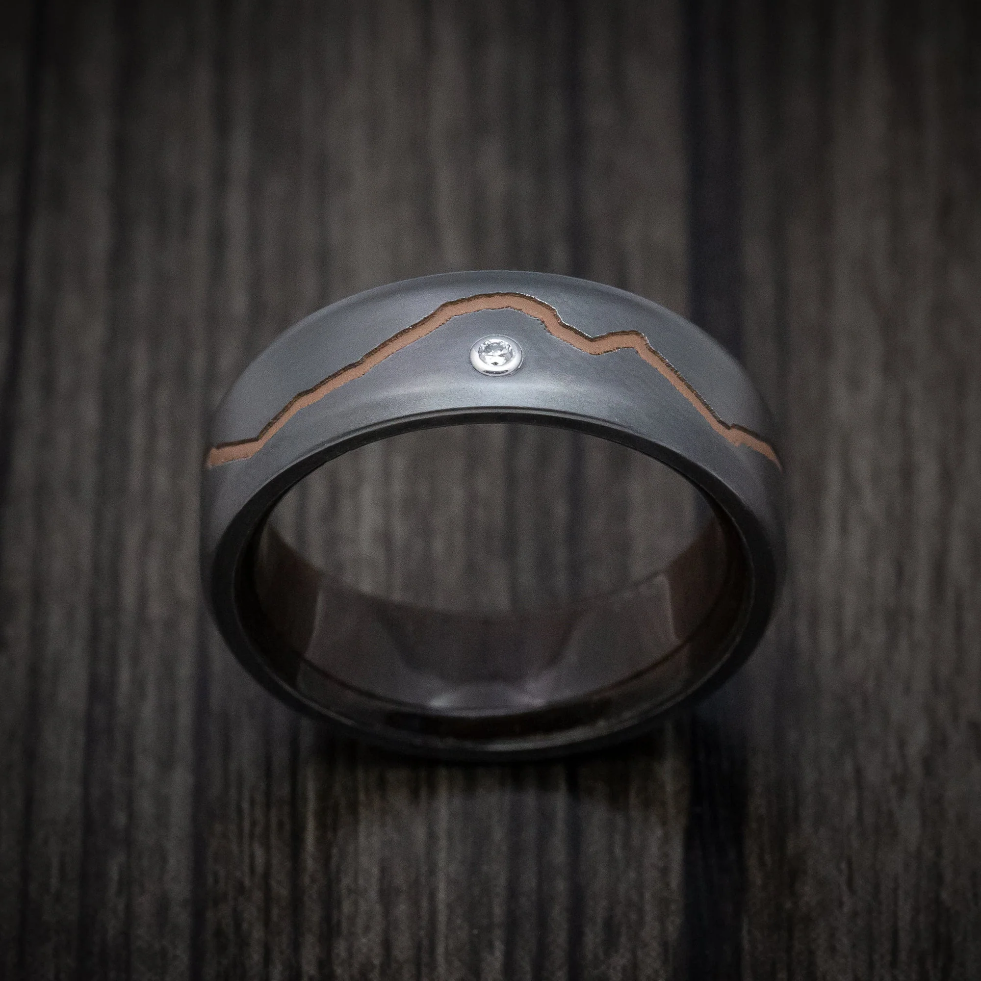 Black Titanium or Black Zirconium Custom Men's Ring with a Diamond, Custom Mountain Milling, and Hardwood Interior Sleeve - Image 2