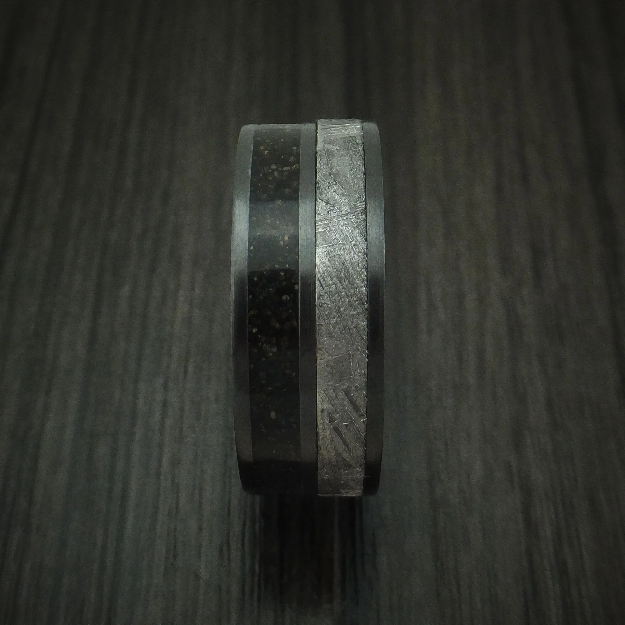 Black Titanium Dinosaur Bone and Gibeon Meteorite Men's Ring with Wood Sleeve Custom Made Fossil Band - Image 3