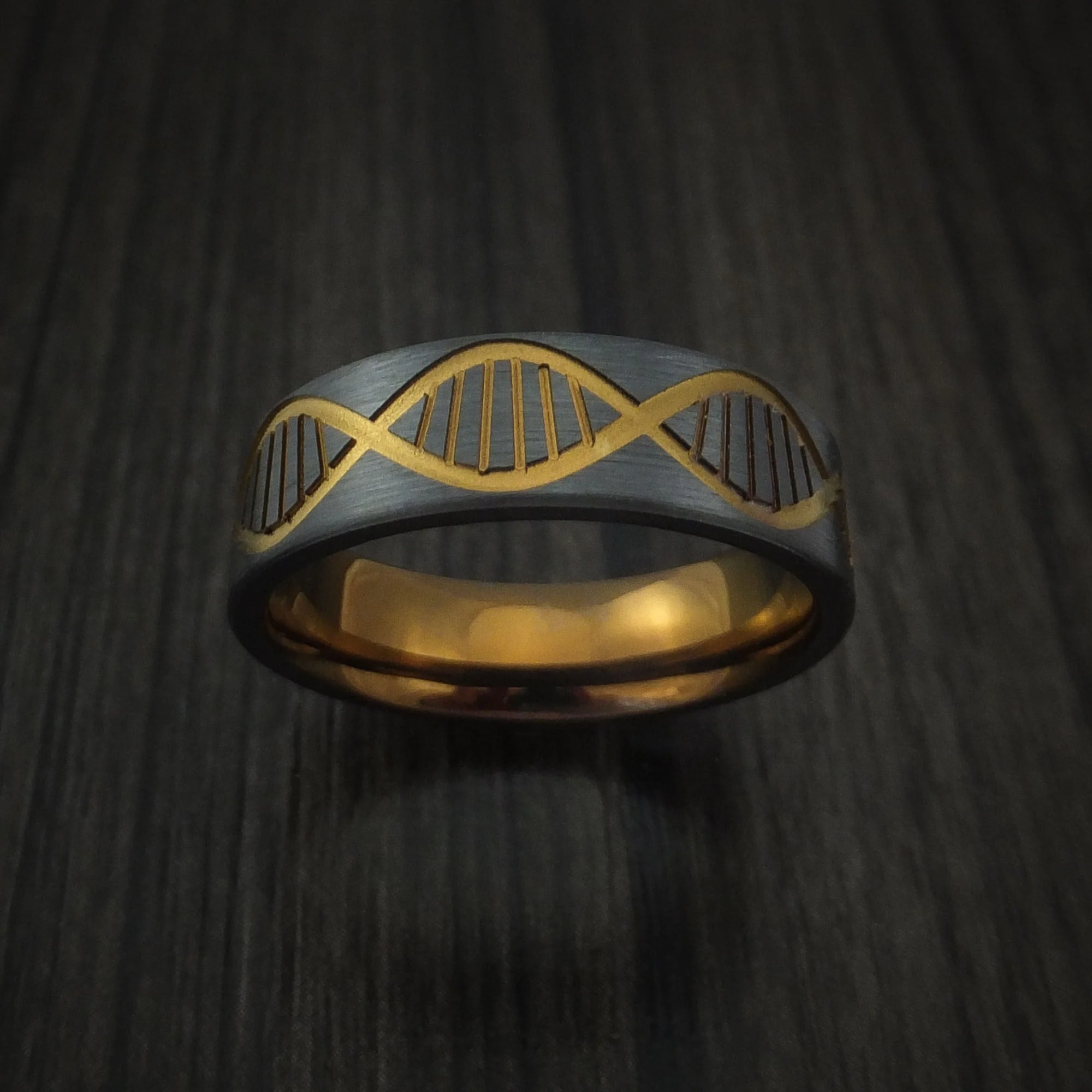 Black Titanium or Black Zirconium Custom Men's Ring with DNA Strand Design and Anodizing - Image 2