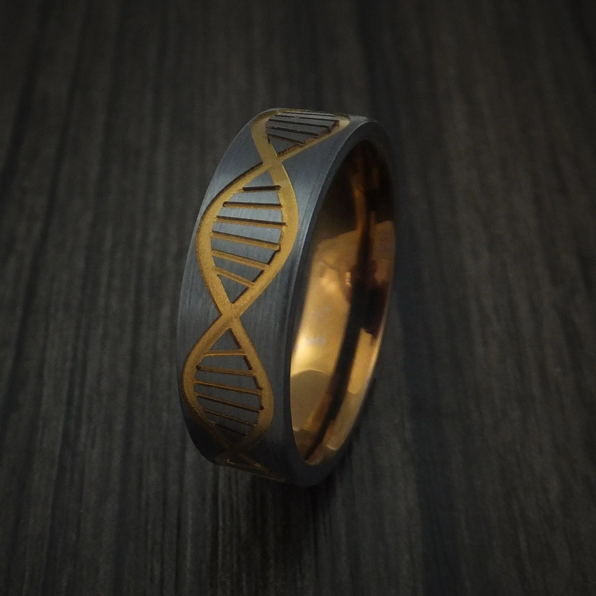 Black Titanium or Black Zirconium Custom Men's Ring with DNA Strand Design and Anodizing - Image 4