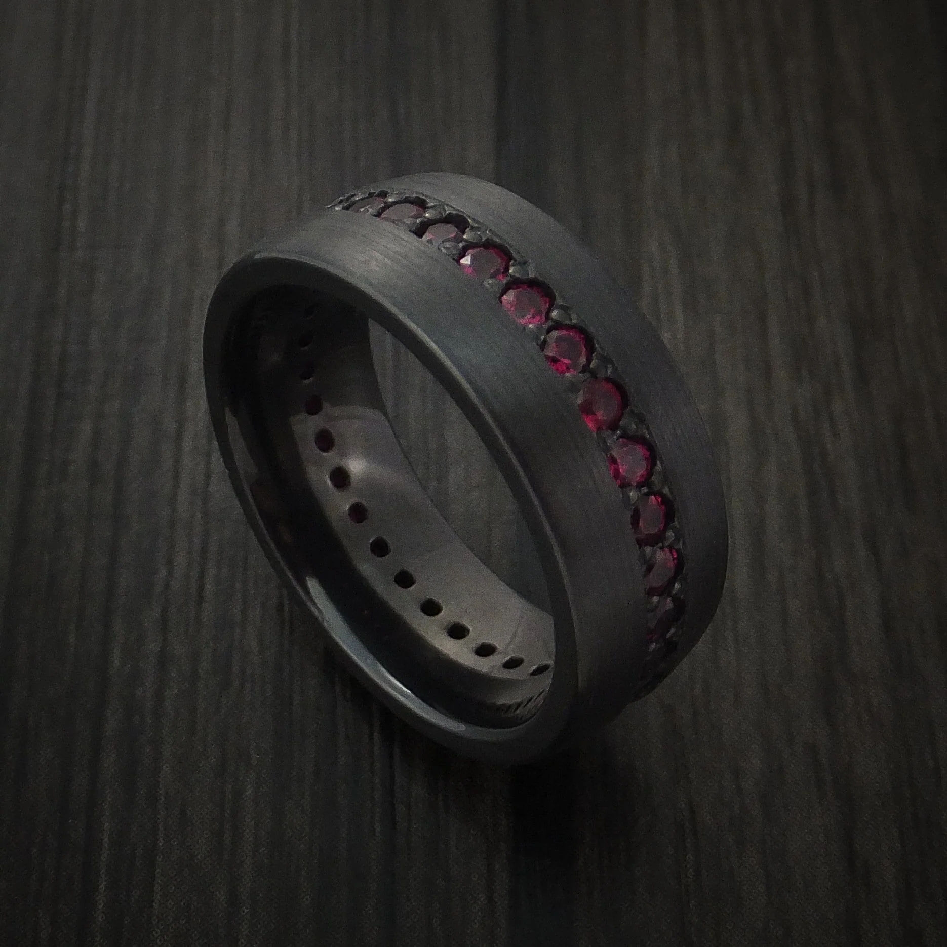 Black Titanium or Black Zirconium Custom Men's Ring Eternity Red Rubies