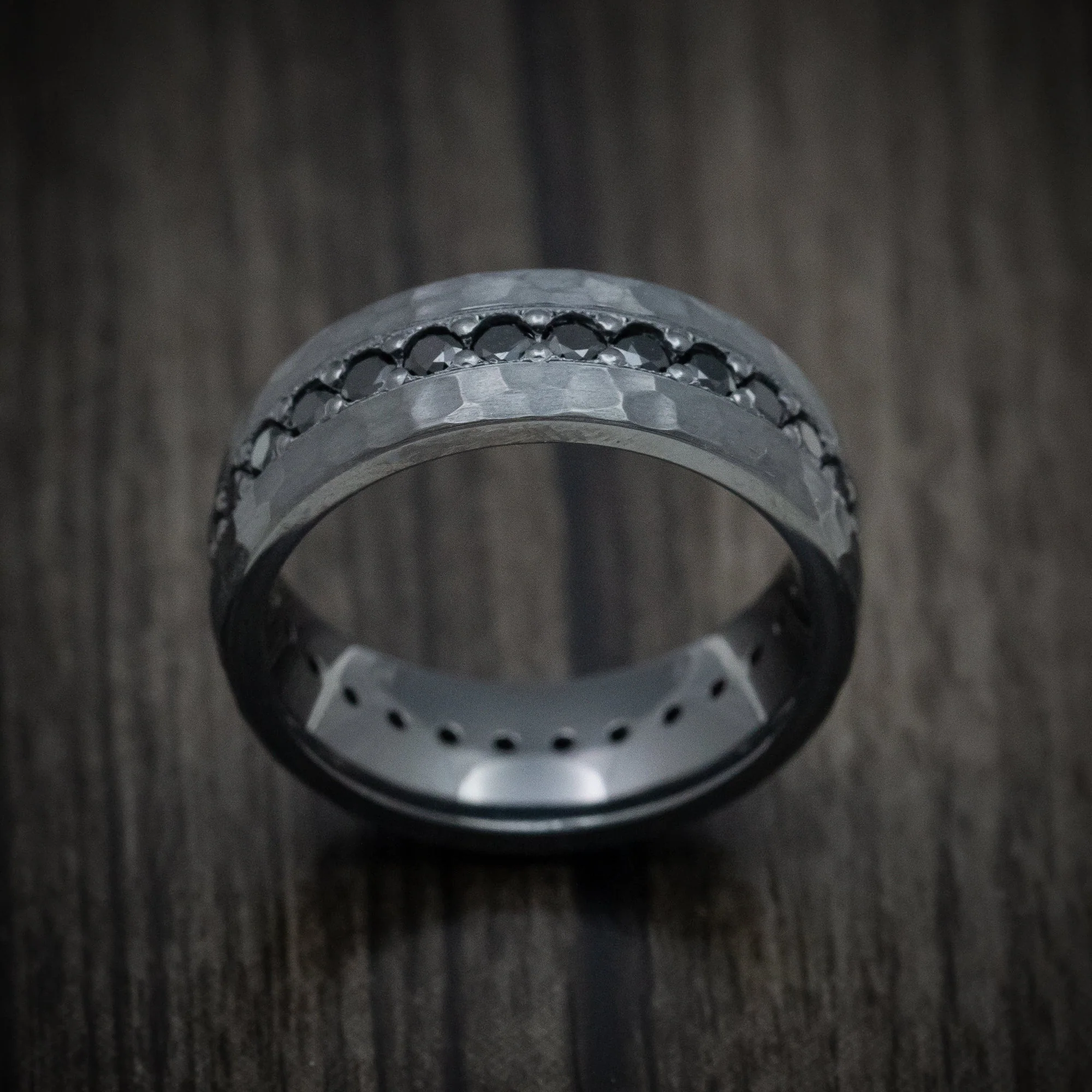 Black Titanium or Black Zirconium Custom Men's Ring with Eternity Black Diamonds and a Hammered Finish - Image 2
