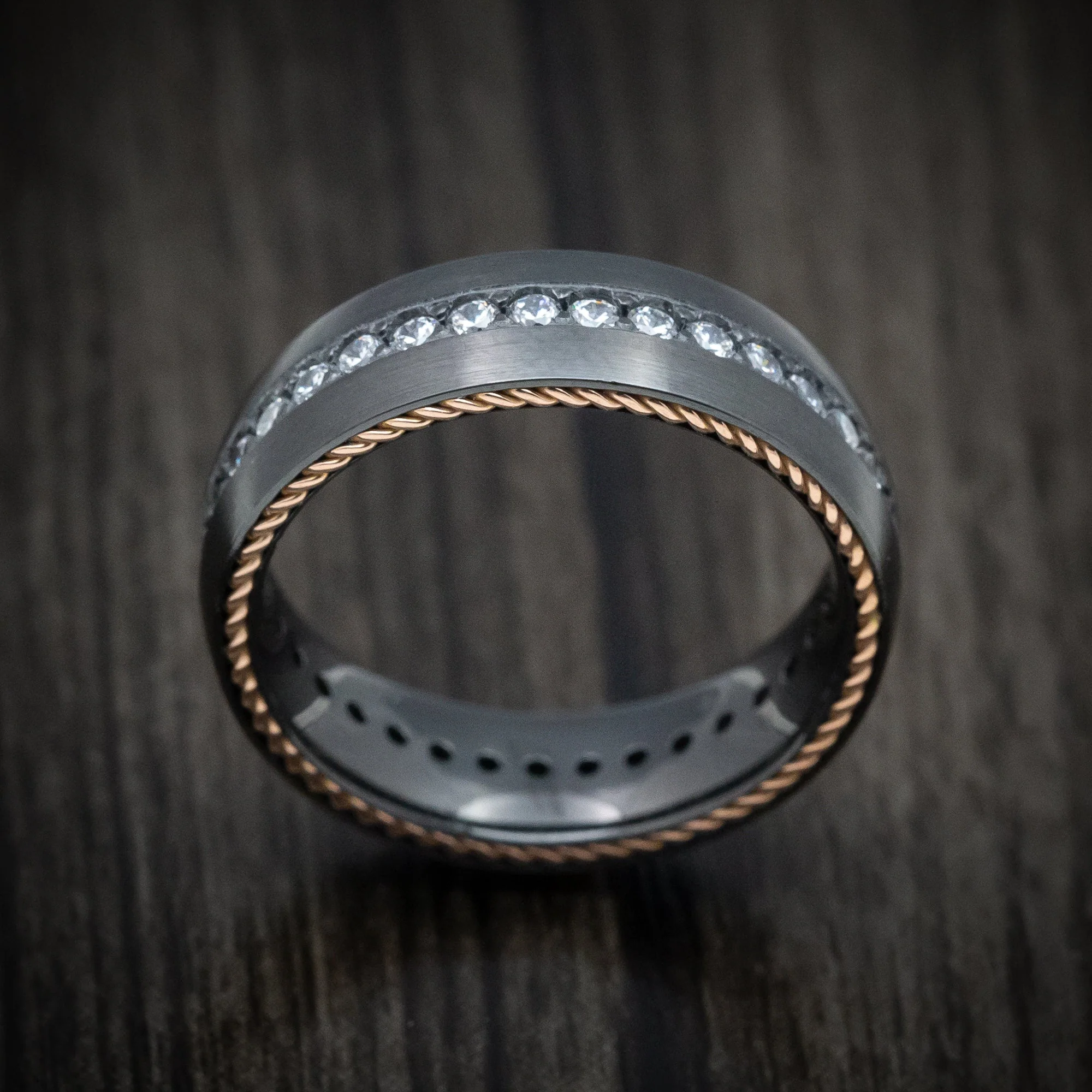 Black Titanium or Black Zirconium Custom Men's Ring with Eternity Diamonds and Braided Gold Inlays - Image 2