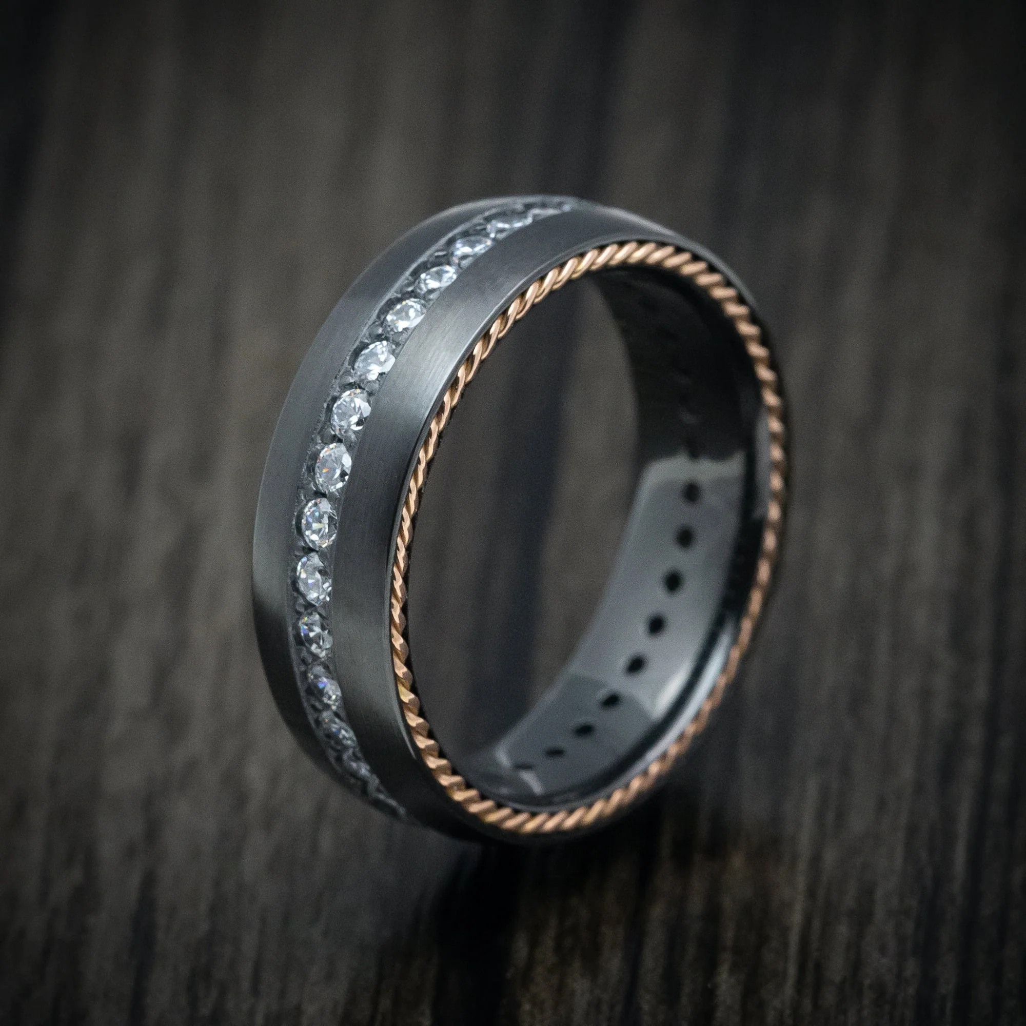 Black Titanium or Black Zirconium Custom Men's Ring with Eternity Diamonds and Braided Gold Inlays - Image 4