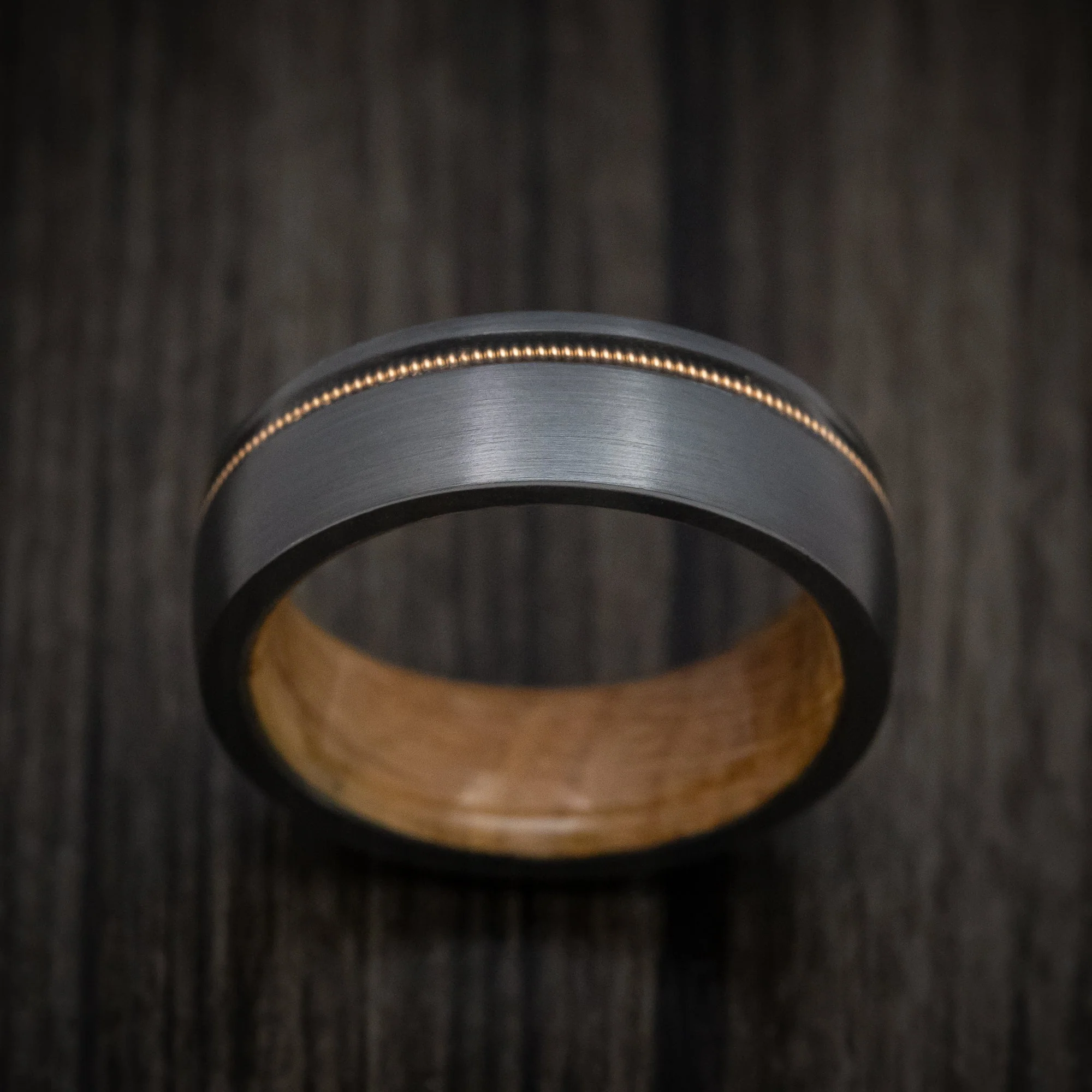 Black Titanium or Black Zirconium Custom Men's Ring with Guitar String Inlay and Whiskey Barrel Hardwood Sleeve - Image 2