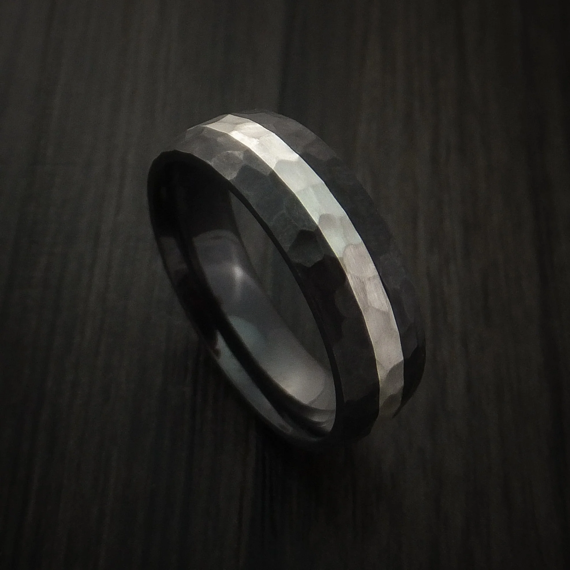 Black Titanium or Black Zirconium Custom Men's Ring with a Hammer Finish and Palladium Silver Inlay