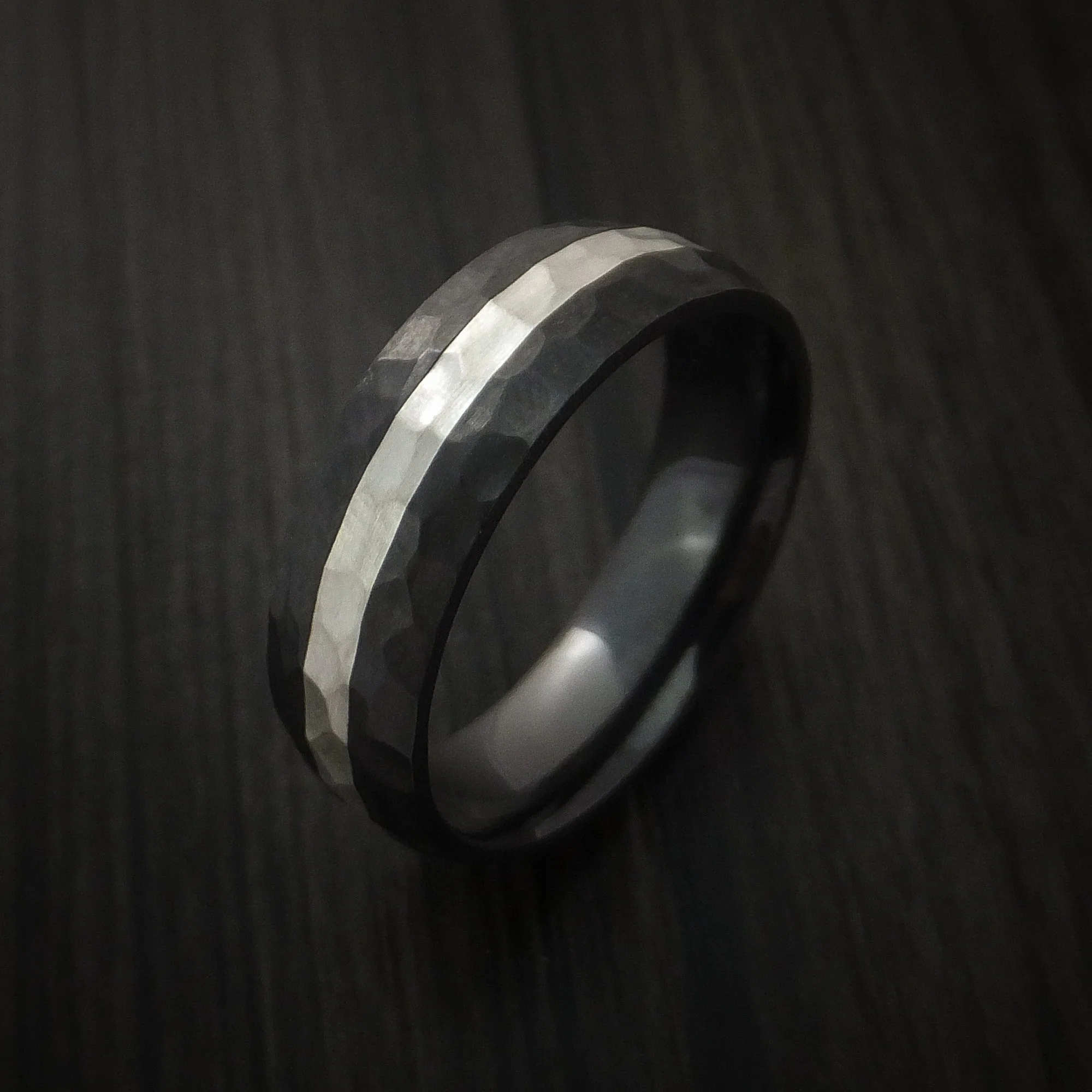Black Titanium or Black Zirconium Custom Men's Ring with a Hammer Finish and Palladium Silver Inlay - Image 4