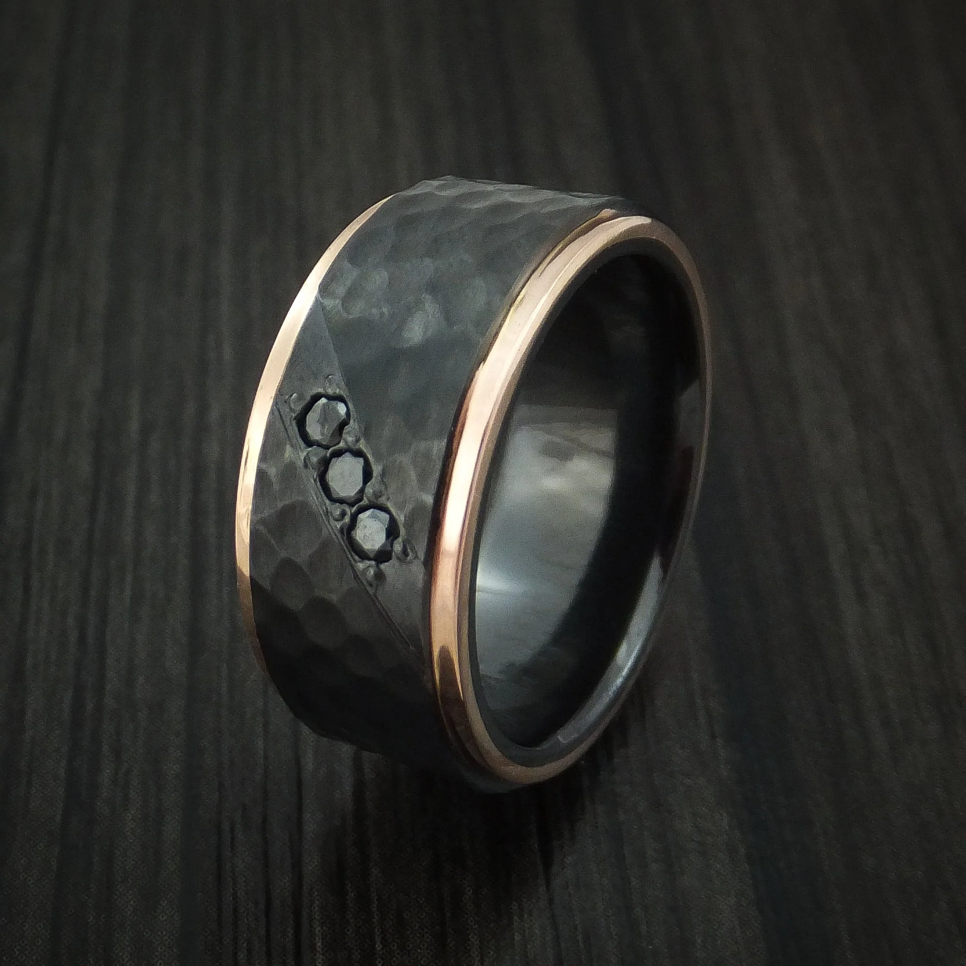Black Titanium or Black Zirconium Custom Men's Ring with Hammered Hammered Finish, 14K Rose Gold Edges, and Black Diamonds - Image 4