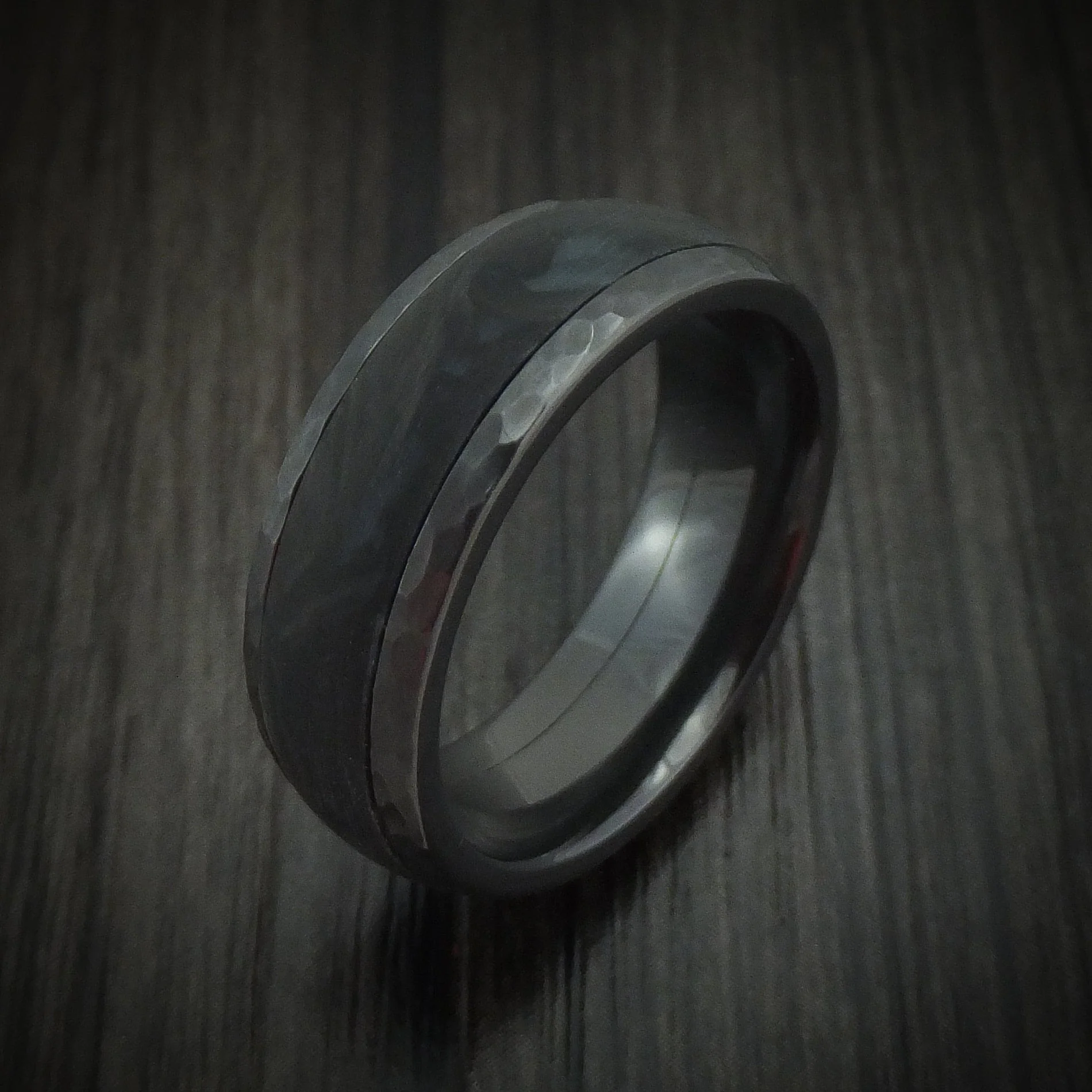 Black Titanium or Black Zirconium Custom Men's Ring with Hammered Hammered Finish and Forged Carbon Fiber Inlay - Image 4