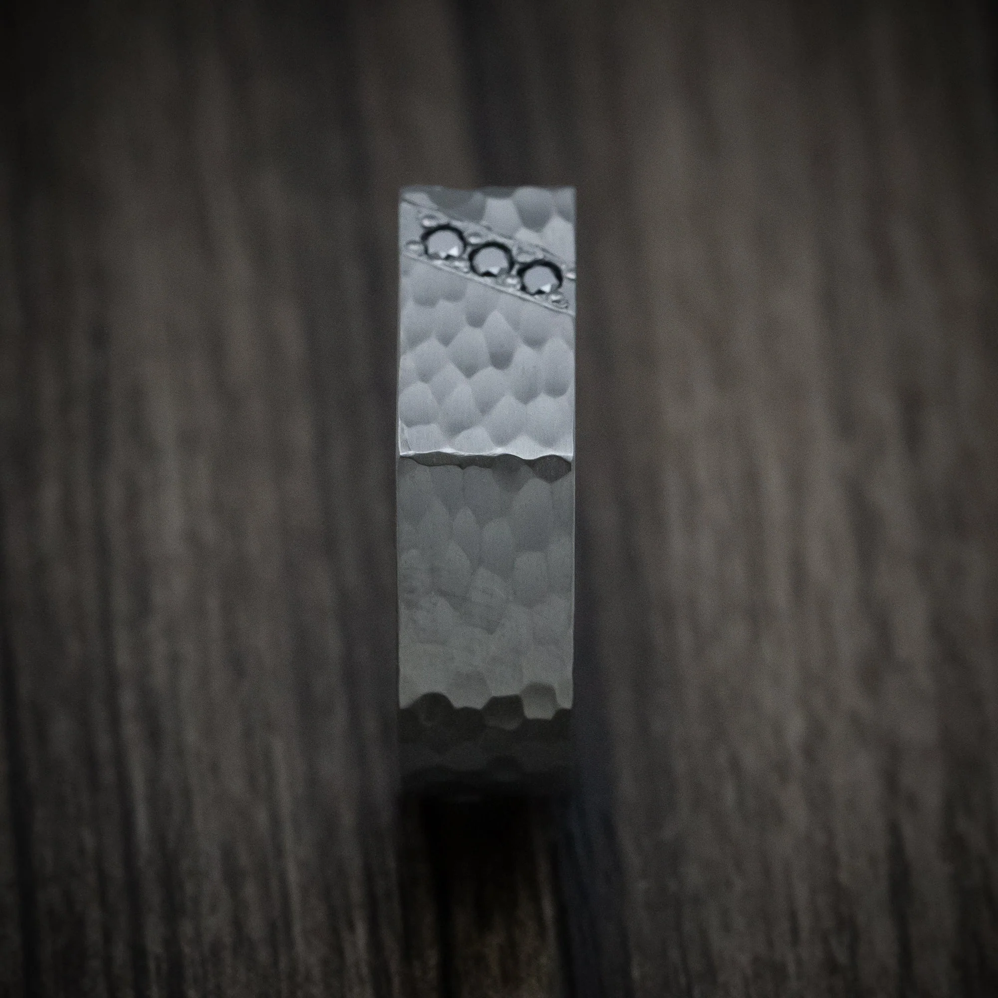 Black Titanium or Black Zirconium Custom Men's Signet Ring with Black Diamonds and a Hammer Finish - Image 3