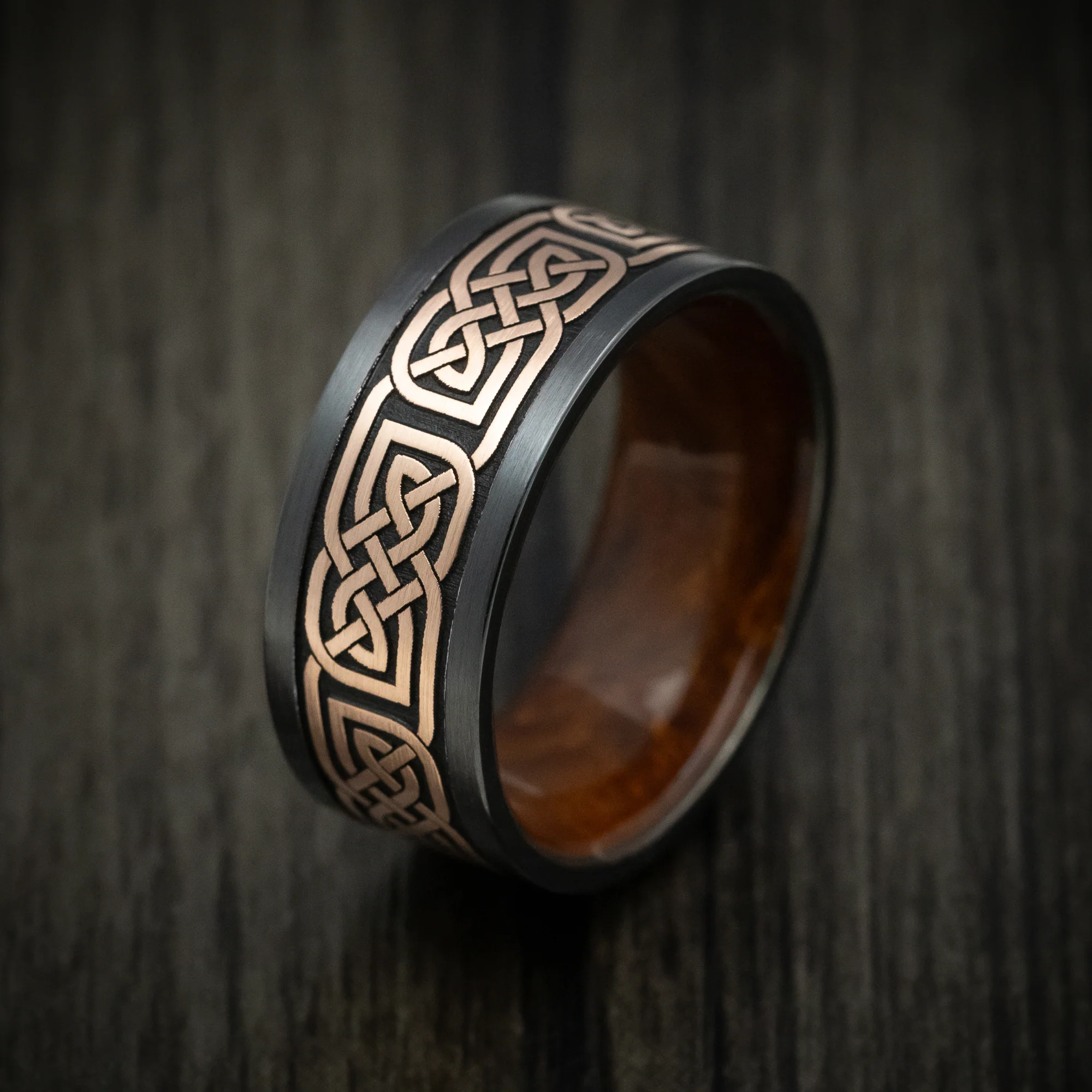 Black Titanium or Black Zirconium Custom Men's Ring with 14K Gold Celtic Knot and Wood Sleeve - Image 3