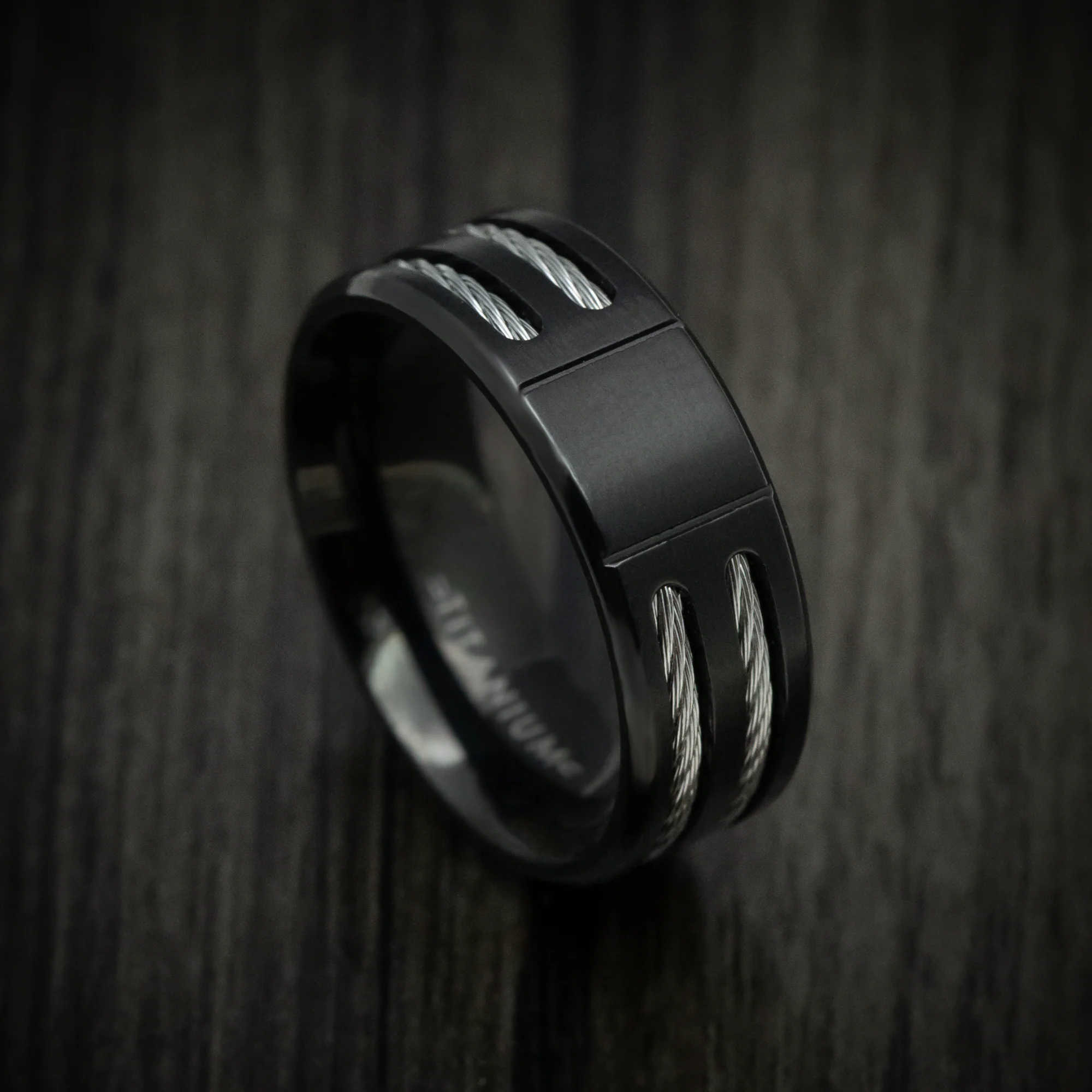 Black Titanium Men's Ring with Silvertoned Cable Inlays