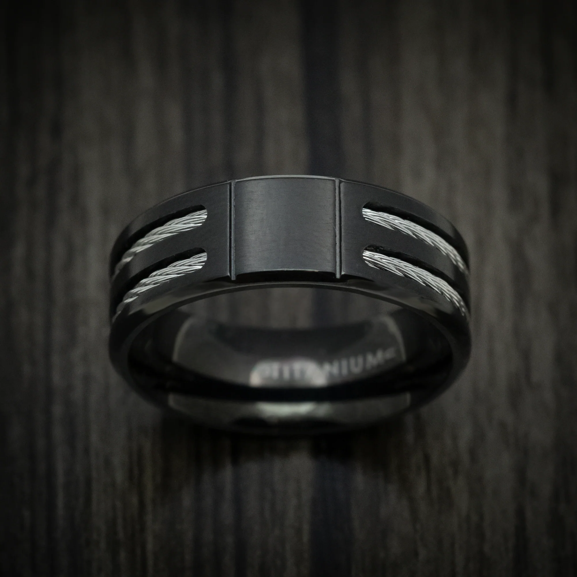 Black Titanium Men's Ring with Silvertoned Cable Inlays - Image 2