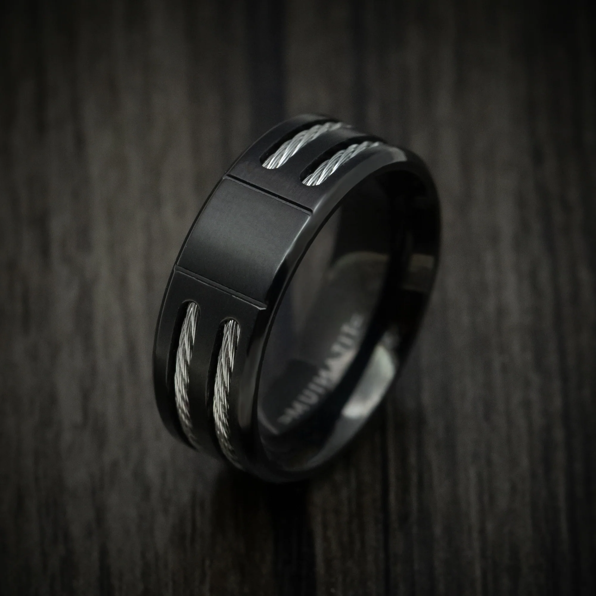 Black Titanium Men's Ring with Silvertoned Cable Inlays - Image 4