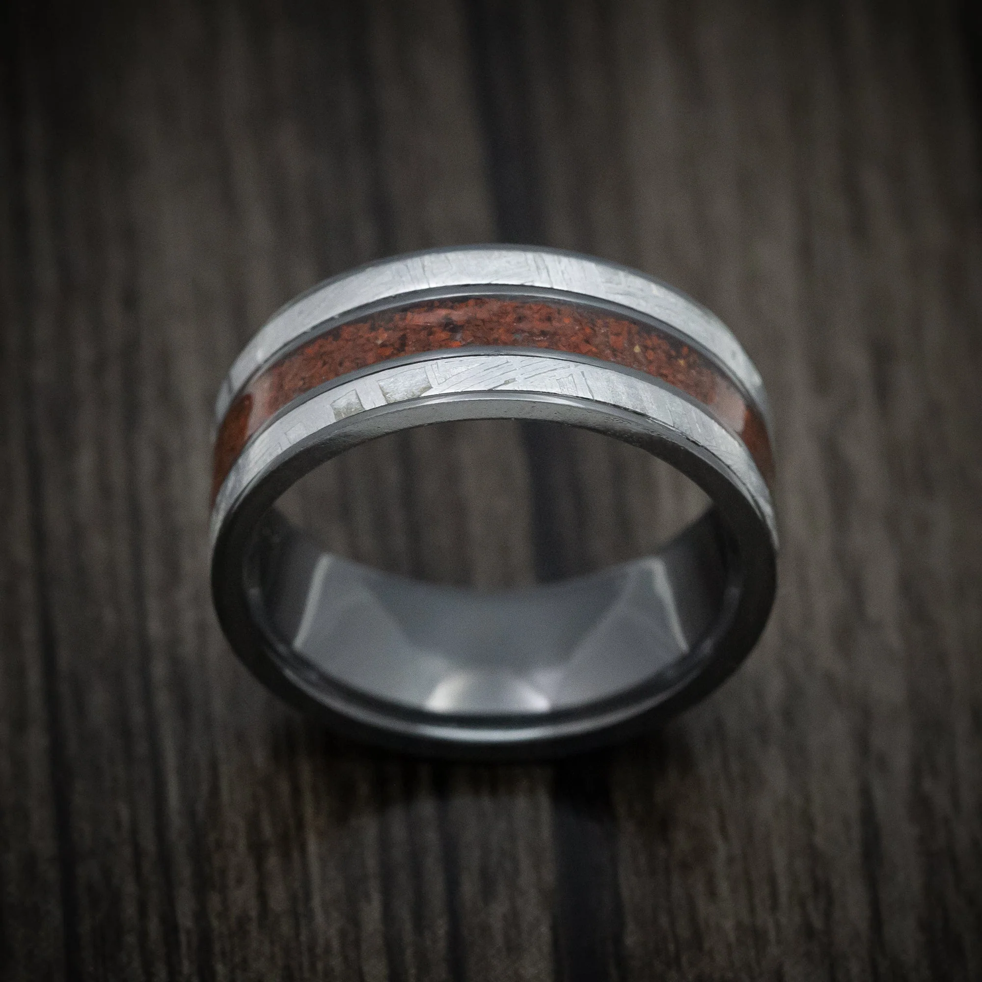 Black Titanium Meteorite and Dinosaur Bone Inlays Men's Ring Custom Made - Image 2