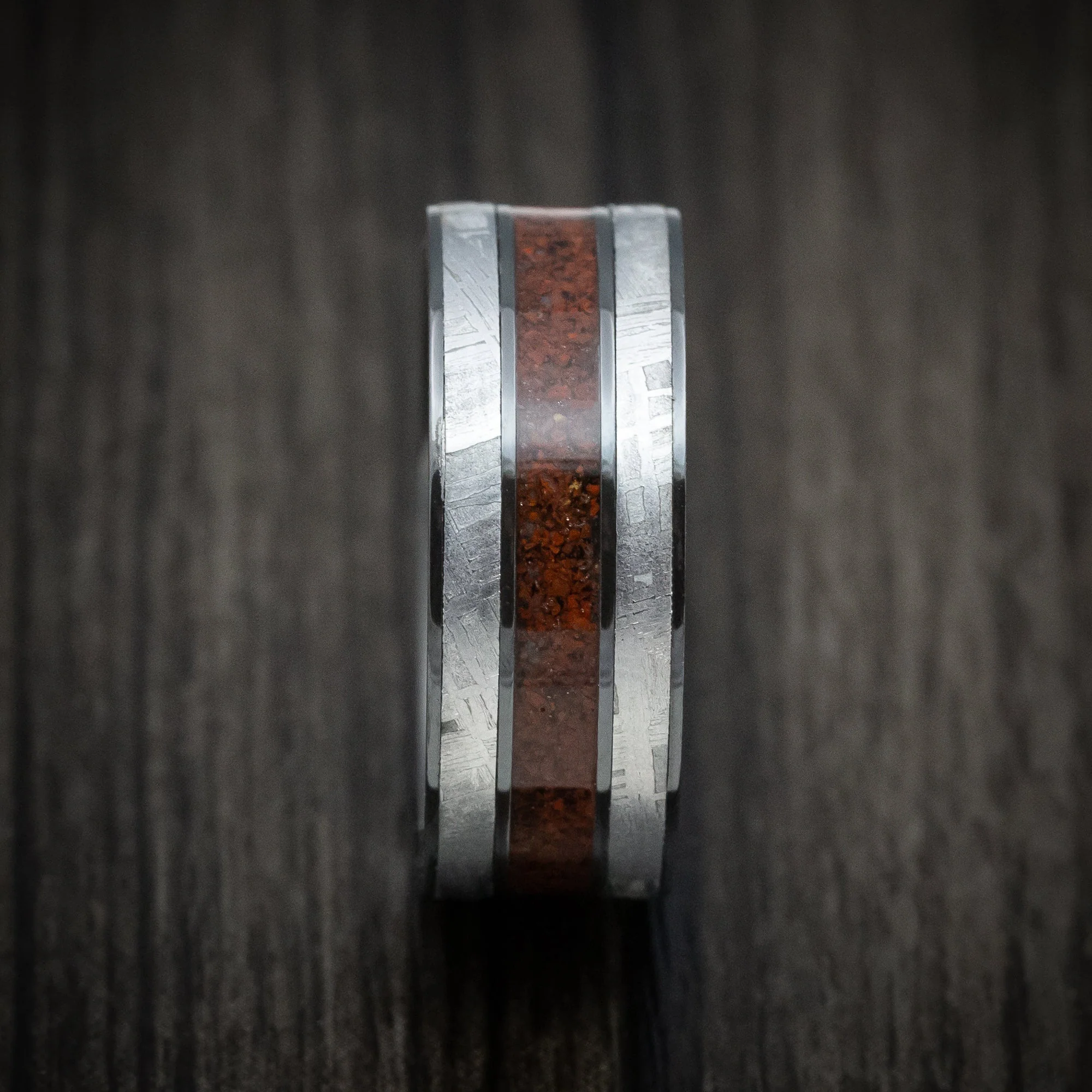 Black Titanium Meteorite and Dinosaur Bone Inlays Men's Ring Custom Made - Image 3
