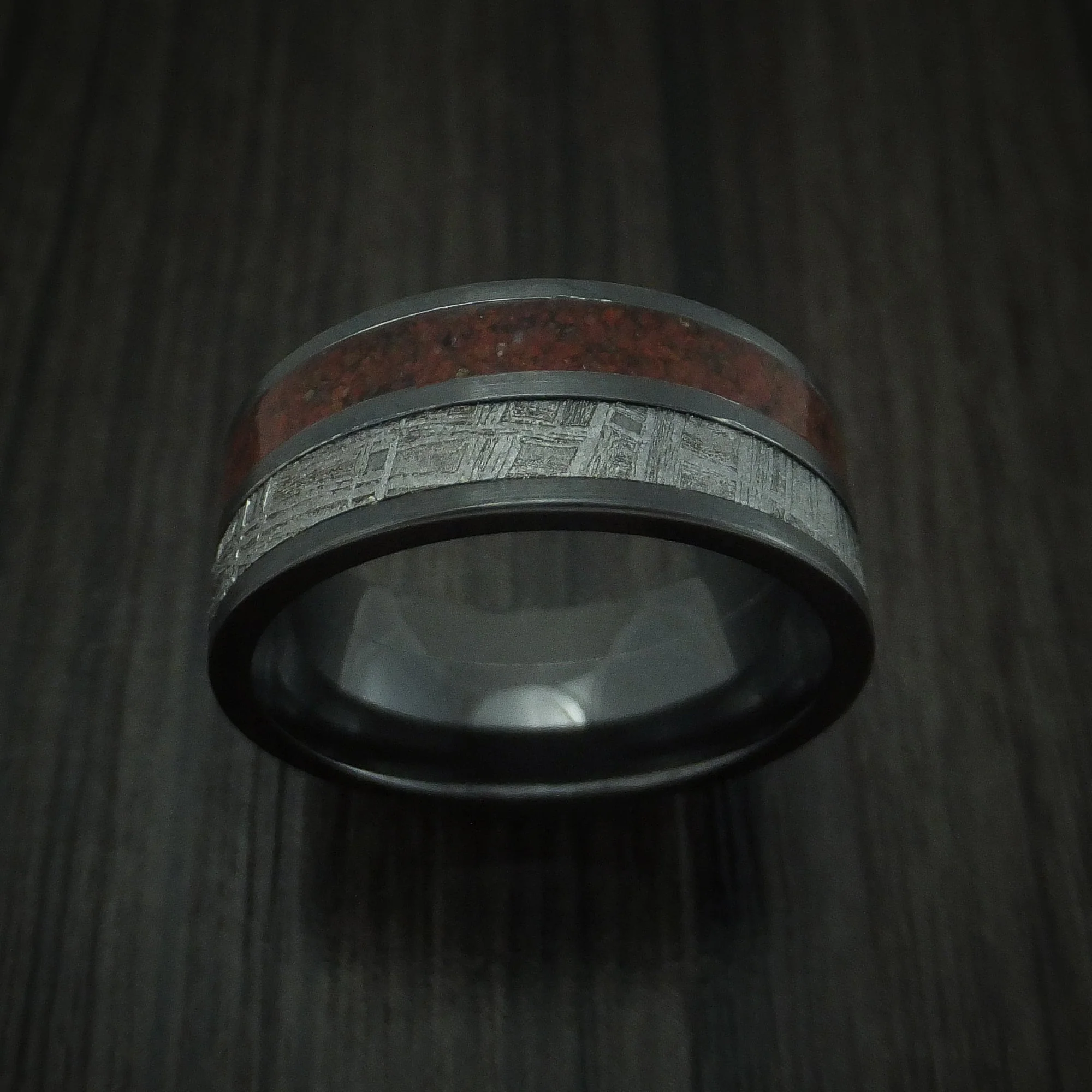 Black Titanium Mixed Dinosaur Bone And Gibeon Meteorite Men's Ring Custom Made Fossil Band - Image 2