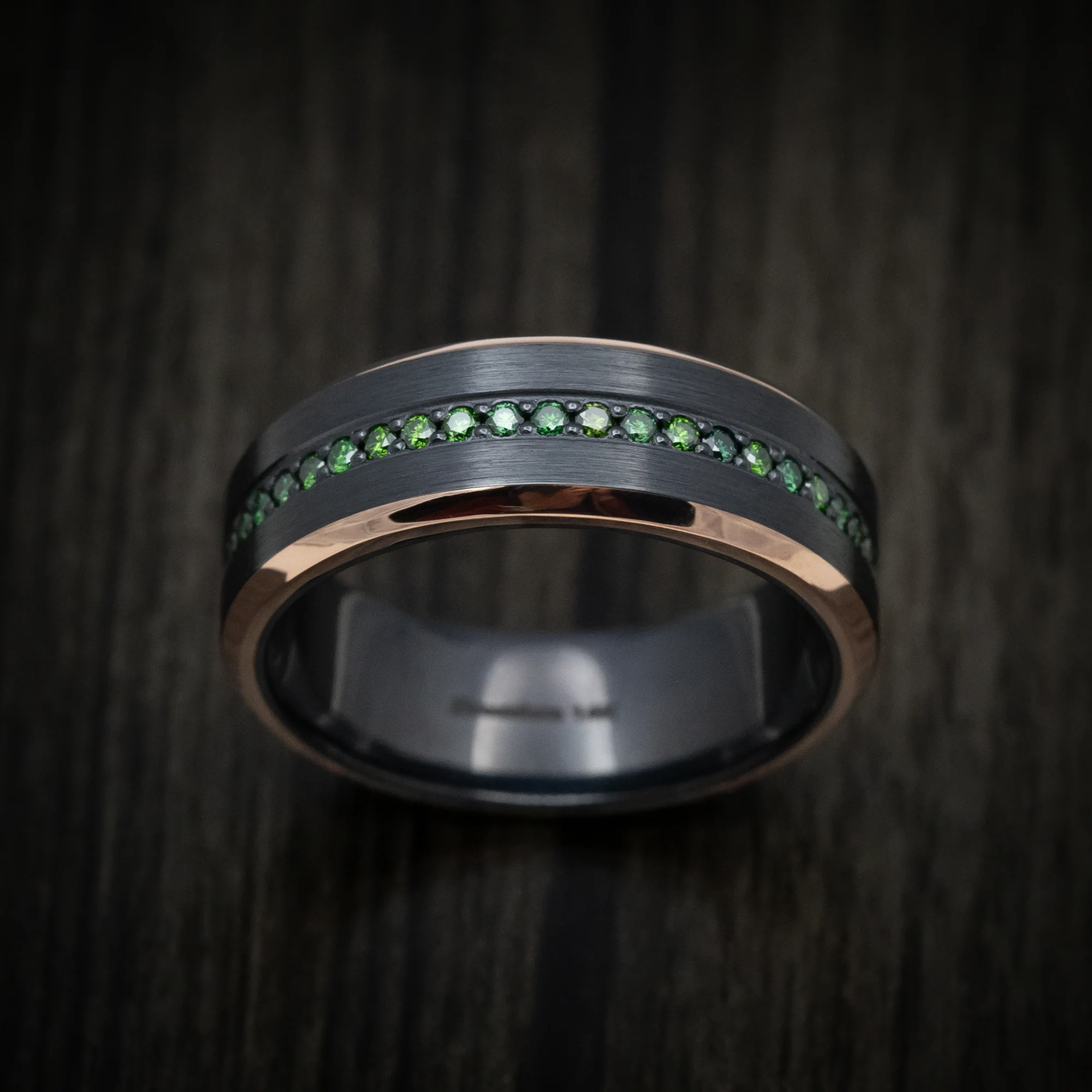 Black Titanium or Black Zirconium Men's Ring with Half Eternity Green Diamonds and 14K Gold Edges - Image 2