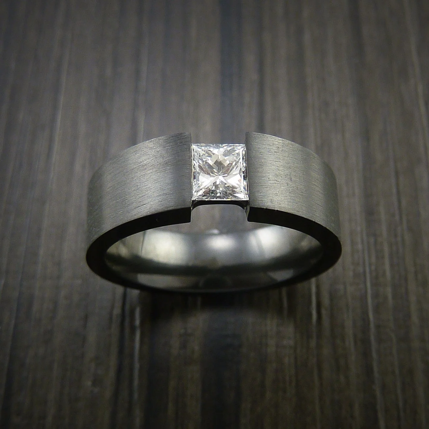 Black Titanium or Black Zirconium Custom Men's Ring with Faux Tension Set Princess Cut Moissanite - Image 3