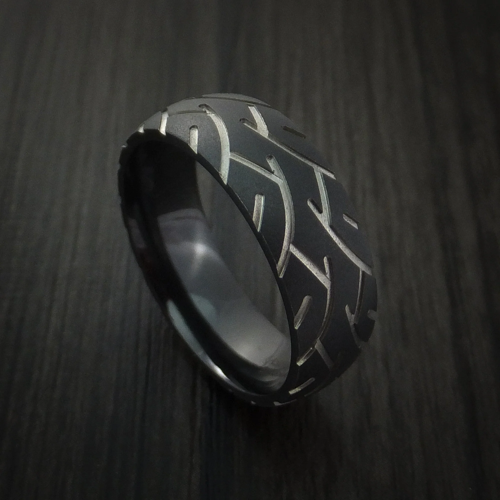 Black Titanium or Black Zirconium Custom Men's Ring with Tread Pattern
