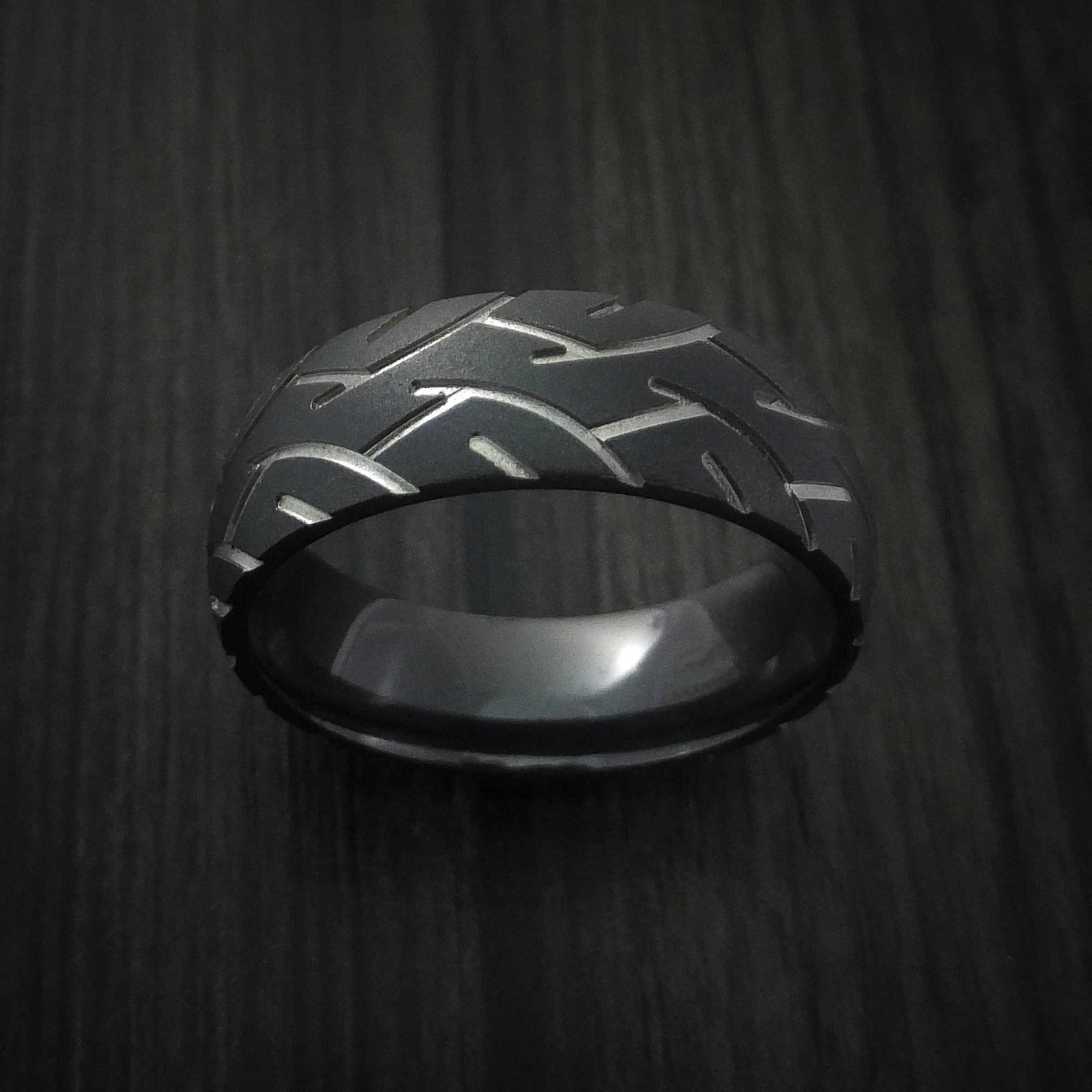 Black Titanium or Black Zirconium Custom Men's Ring with Tread Pattern - Image 2