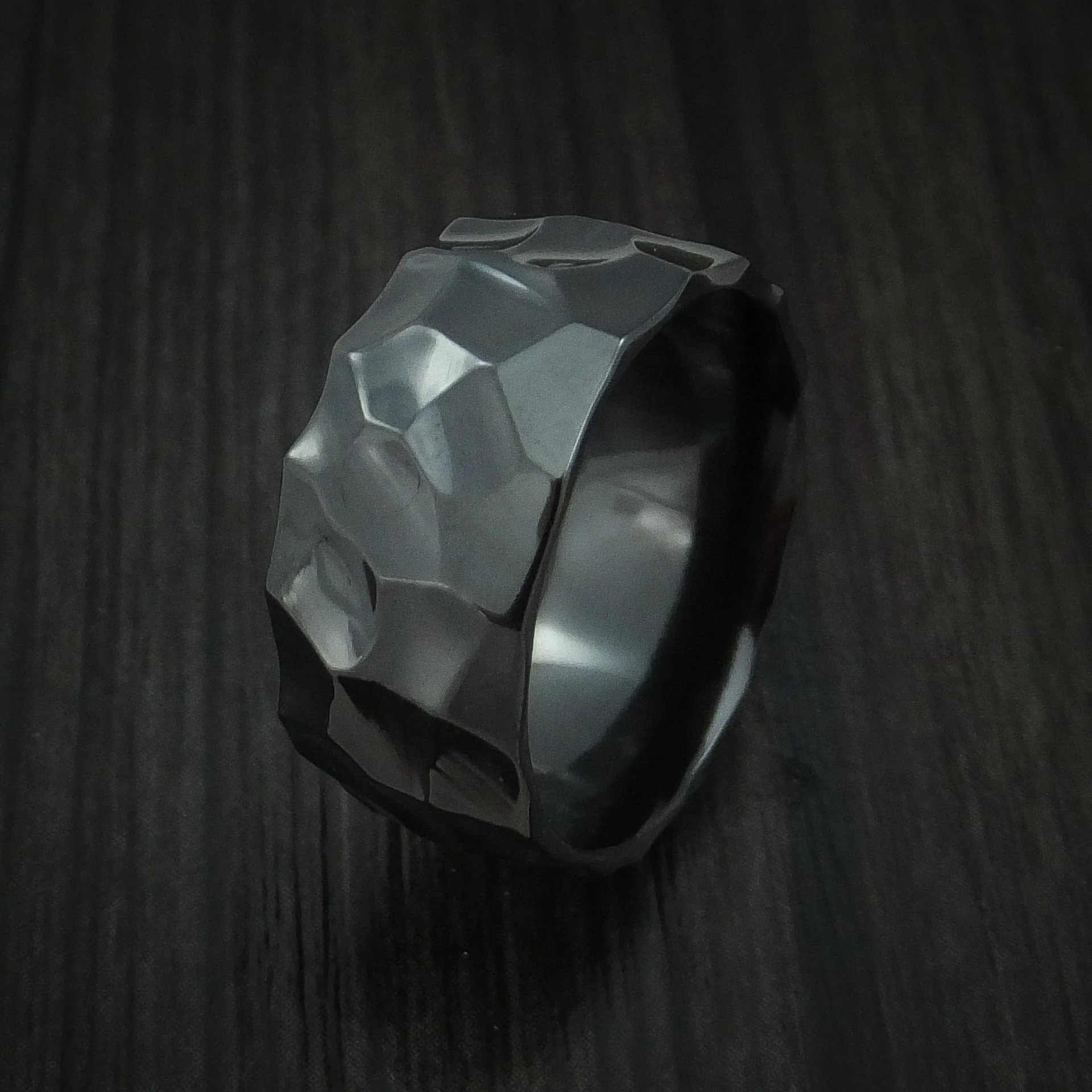 Black Titanium or Black Zirconium Custom Men's Ring with a Polish Rock Hammer Finish - Image 4