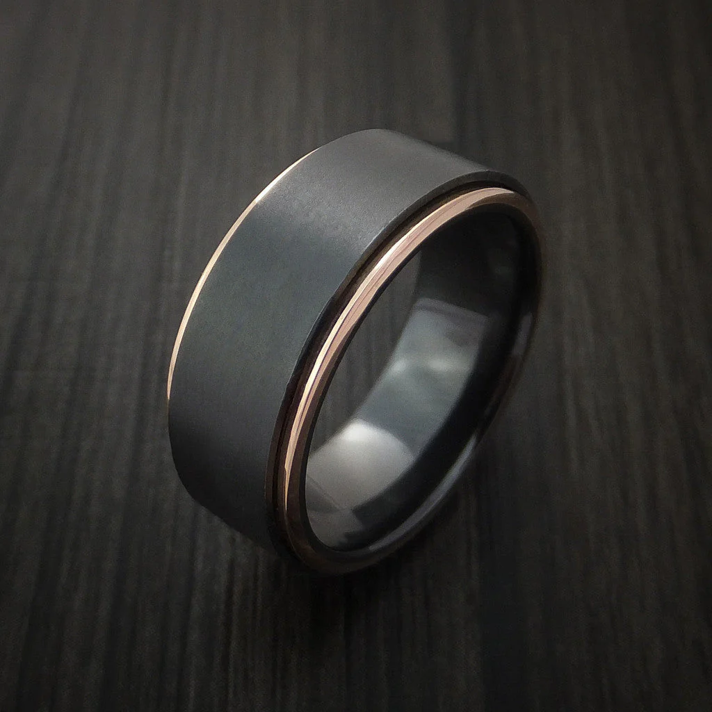 Black Titanium or Black Zirconium Custom Men's Ring with 14K Rose Gold Edges - Image 4