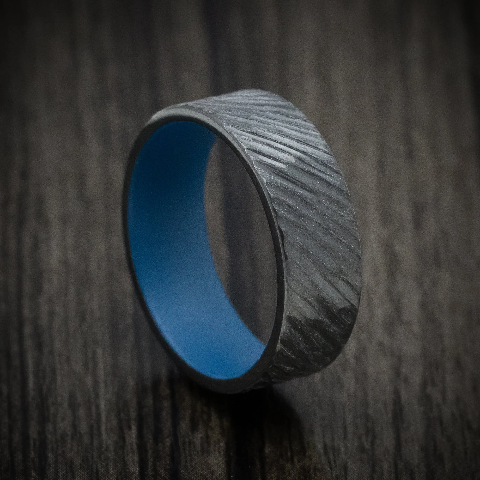 Black Titanium Men's Ring with Angled Treebark Finish and Cerakote Sleeve
