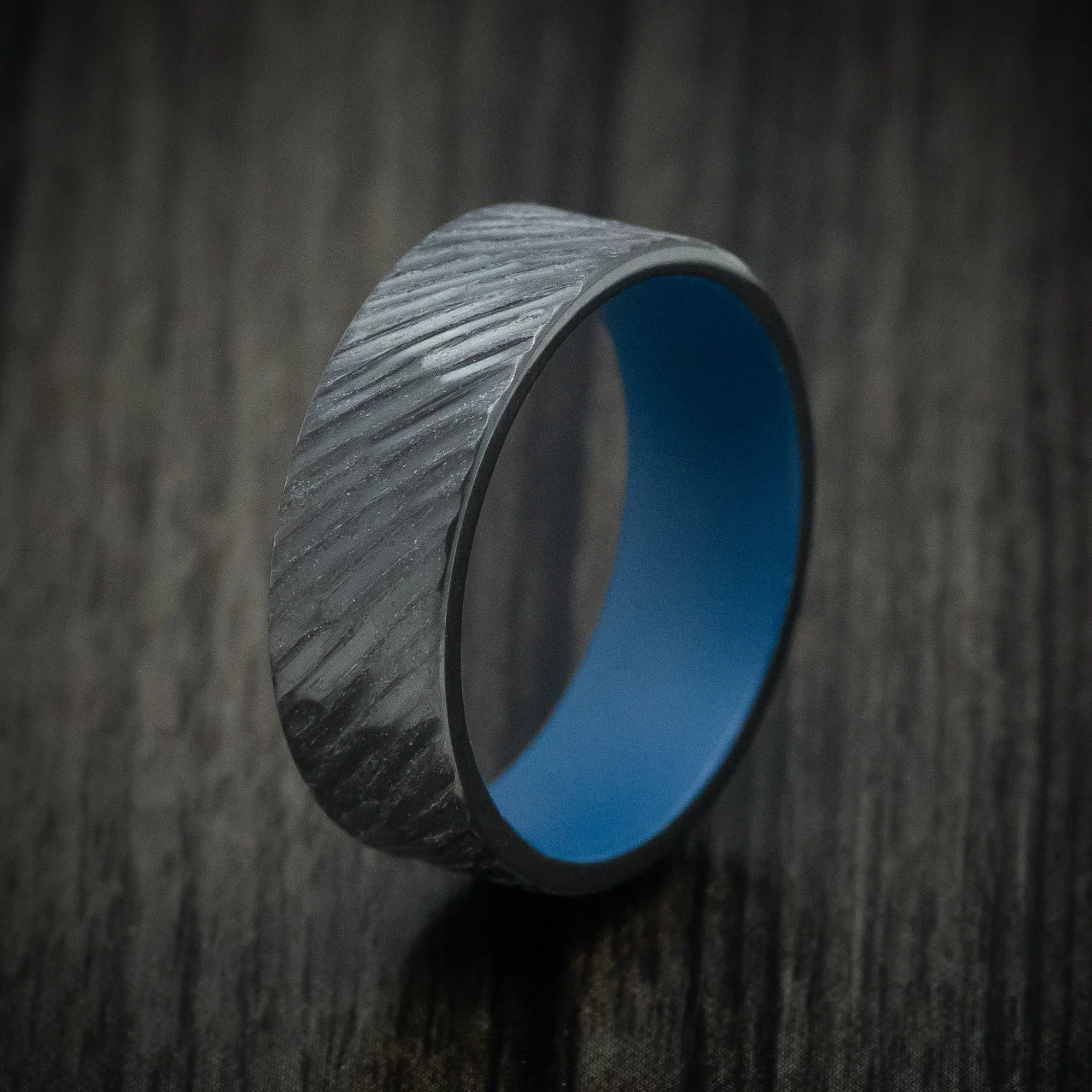 Black Titanium Men's Ring with Angled Treebark Finish and Cerakote Sleeve - Image 4