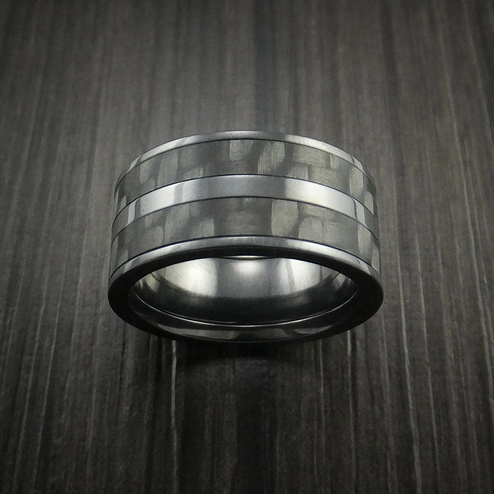 Black Titanium Men's Ring with Black Carbon Fiber Inlay Custom Made Band - Image 2